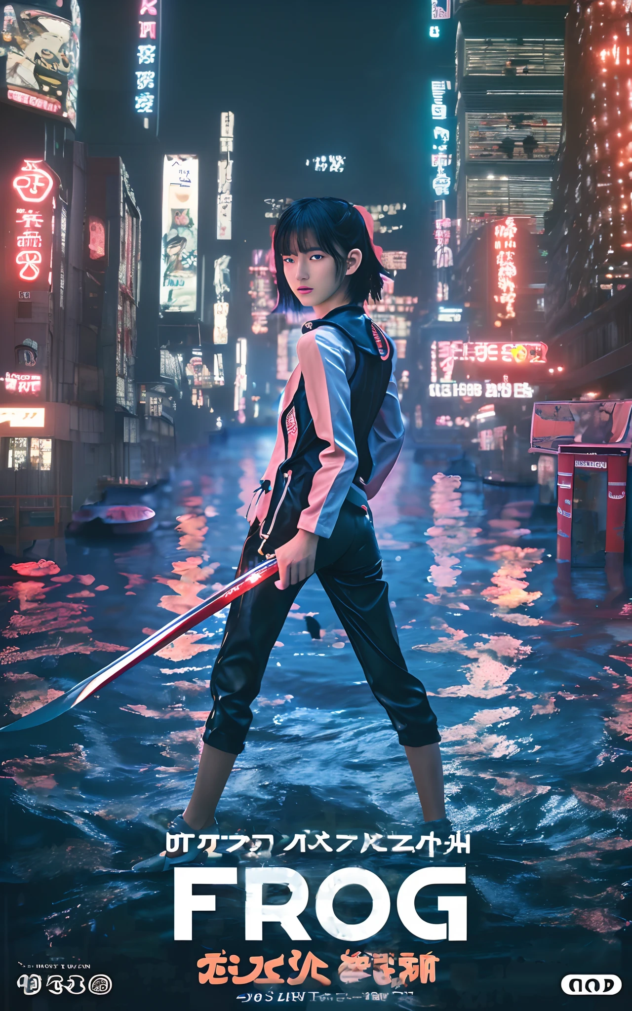 Detailed Tokyo city center at night in the background、 poster with realistic pictures、Boyish teenage Japan girl standing in flooded Tokyo city、Turning around、With a very slender body、Wearing black slim denim、Wearing monotone long-sleeved lace、Wearing a black vest、Natural hairstyles with cool shortcuts、She looks at you sharply with determination、Holding a long Japan sword in his hand、photos realistic, Cinematic poster, The title of the film says:"frog" Say in small text:"black rain," We will make the city of Tokyo look cute, boyish, Short-haired teenage girl in modern fashion、I like the girly hoodie style mixed with the light diving suit, She has a long sword, Cool Pose, photos realistic, Beautiful rendering of reflective water surface, Flickering pink and orange neon signs say:"frog", 8K, Wallpaper, (credibly_absurderes,Huge_filesize:1.37),(masterpiece:1.37),(top-quality:1.37),(realisitic,Photorealsitic:1.2),Ray traching,Realistic lighting,(illuminations,Glow),((film grains:1.37)),(Exquisite details and textures:1.2),(8K分辨率:1.2),(ultra -detail:1.2),(Sharp Focus 1.2),(Raw photography:1.0),(Beautiful Detail Face、Beautiful Detail Eye、 radiant eyes、long eyeslashes、blush of the nose:1.2)、((((perfect anatomia))))、full body Esbian、Ceremony、1girl in、独奏、a beauty girl、High class、(A slender:1.37)、(cute face)、(Natural glowing skin:1)、(Detailed natural skin、detailed skin textures、Detailed black hair、Boyish Hairstyles)、Facial light、(ciinematic light)、Water surface is rendered realistic、Ripple around her、City neon sign light reflecting on the surface of the water、Big city after rain、、depth of fields、masterpiece