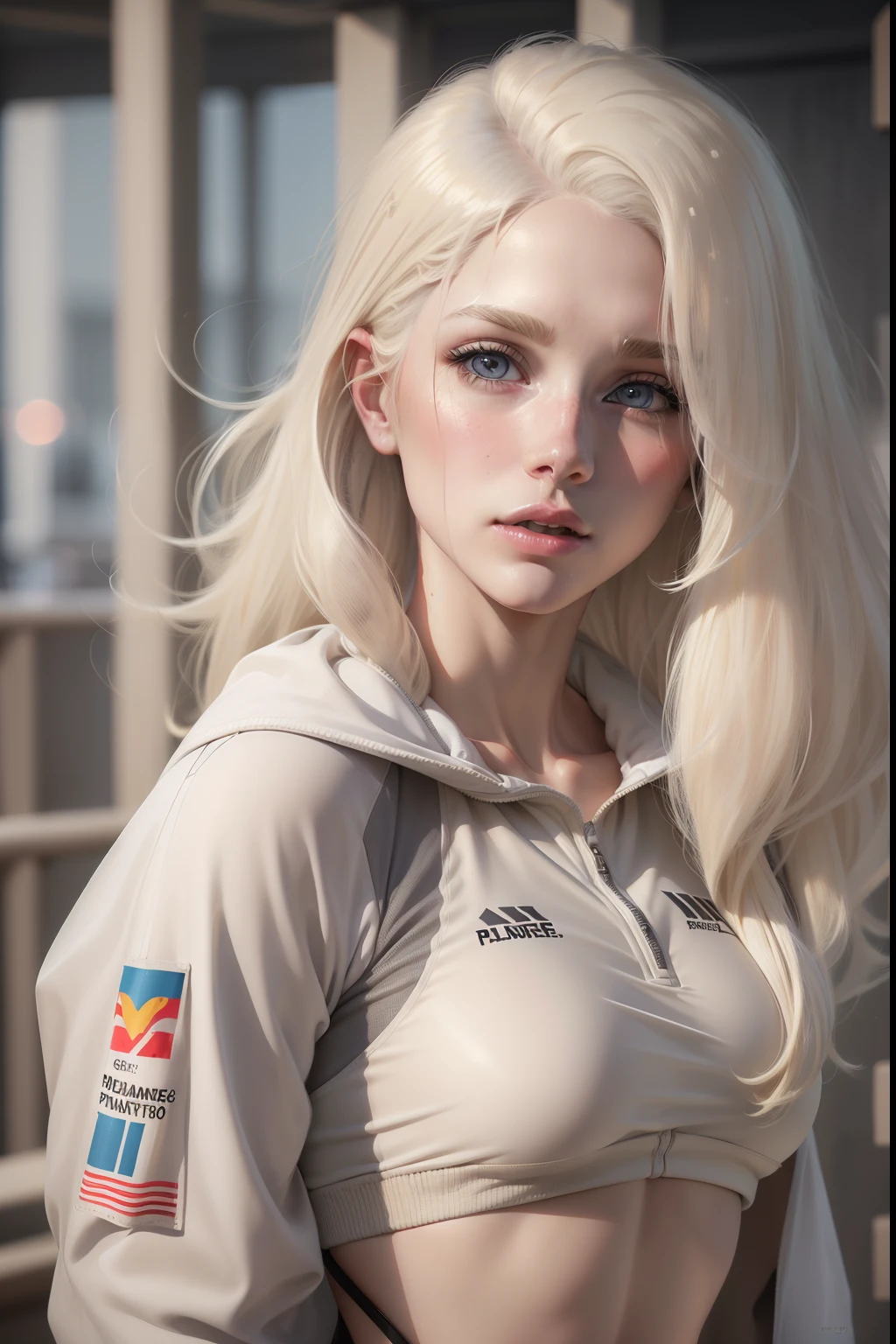 A portrait of a blonde, (Medium_shot:1.2), best quality, (8k, RAW photo, best quality, masterpiece:1.2), (realistic, photorealistic:1.4), (1girl), (platinum blonde hair:1.5), large breast, wearing sports clothes, port, portrait