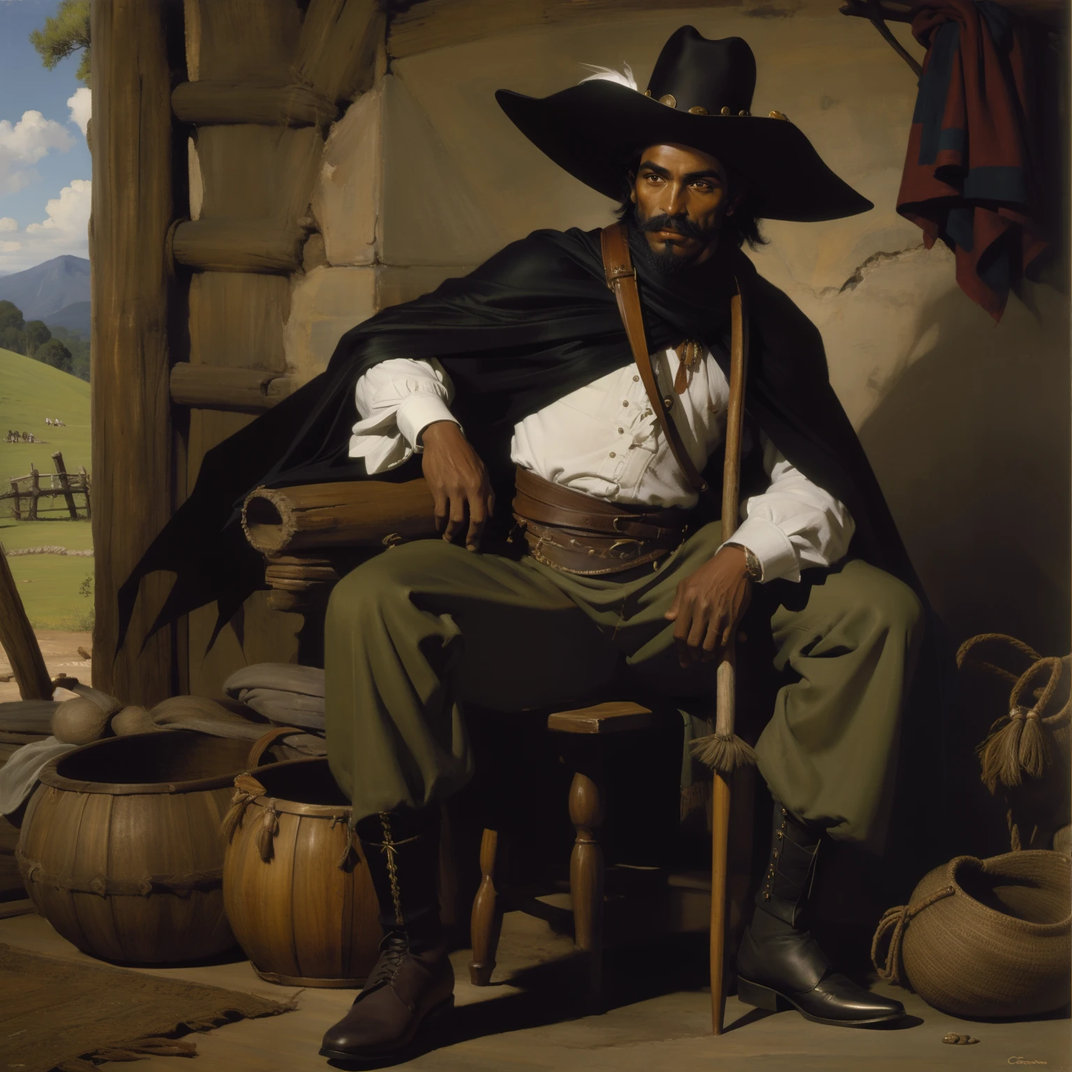 1797 oil painting showing a Brazilian bandit wearing a large, Gorgeous wide-brimmed black felt hat with a Portuguese musketeer-style feather on its head.,uma bota cano alto com esporas,Wide and baggy pants,cinto com espada na cintura,White wool shirt with silver buttons and short sleeves,a scarf tied around his neck and a black cape,pele parda,bigode fino e barbicha pretos,on a green mountain in Sao Paulo.
