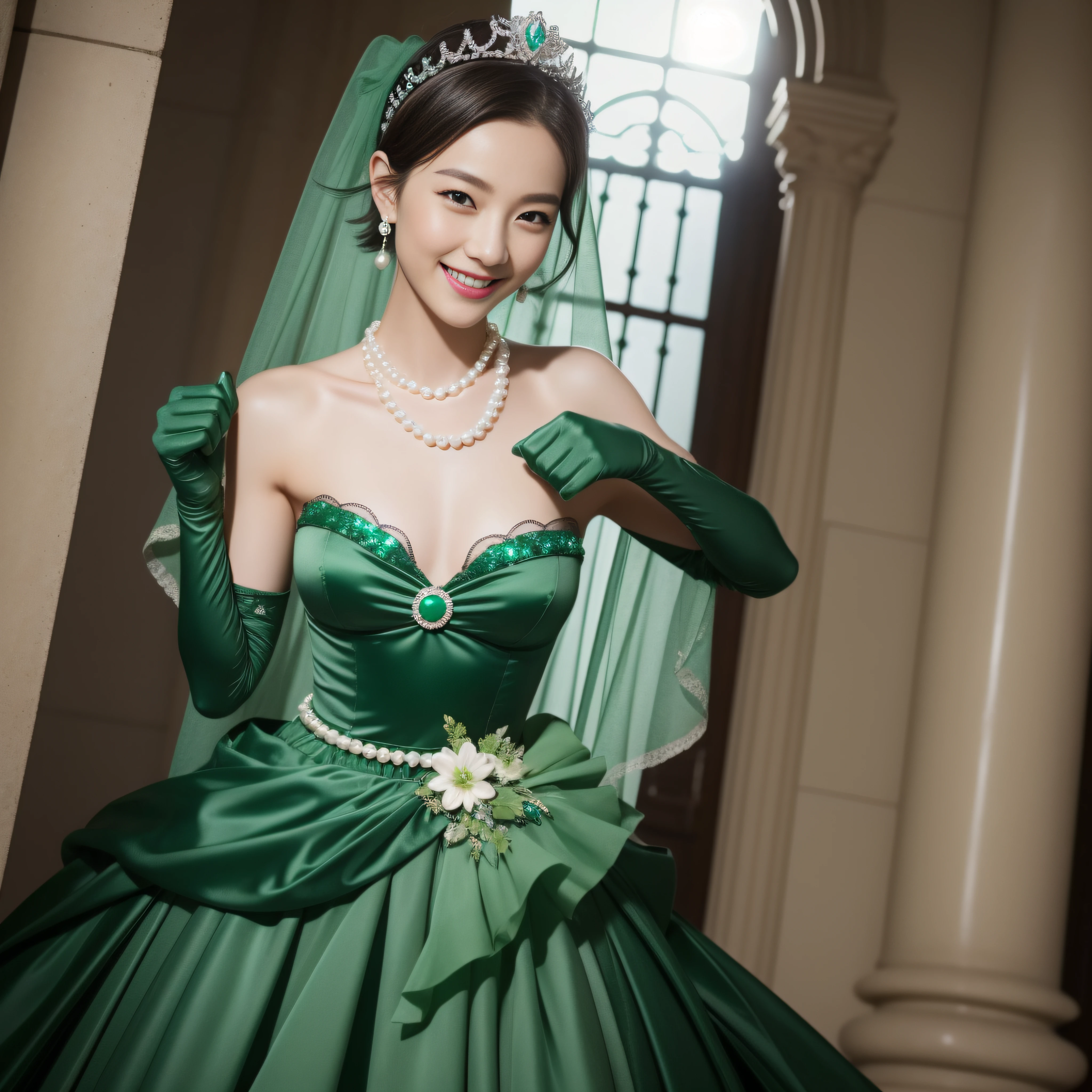 boyish very short hair, lipsticks,A smile, emerald tiara, Pearl Necklace, A Japanese Lady