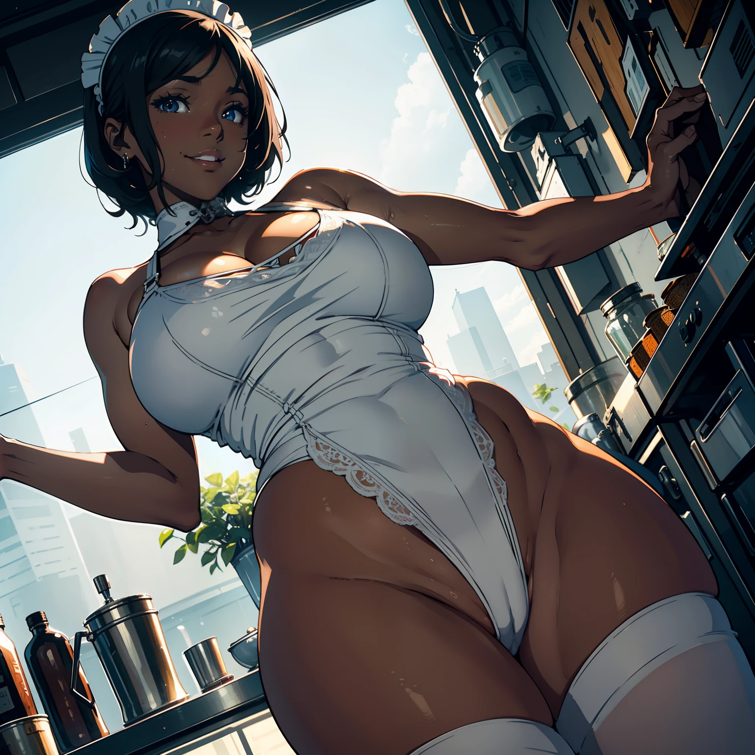 solo,1 mature maid,naked cameltoe,(from below),sweating body,lags apart,(((Masturbation))),(drenched white panties), wet white apron ,((Dark skin)),trending on artstationh, Intricate details, Highly detailed,, intricate face details,Curvy physique, Thick body,at the kitchen,vibrant, 4K, Intricate details, big breasts enchanting, Professional manufacturing, 12k resolution,(Seductive smile),Black hair