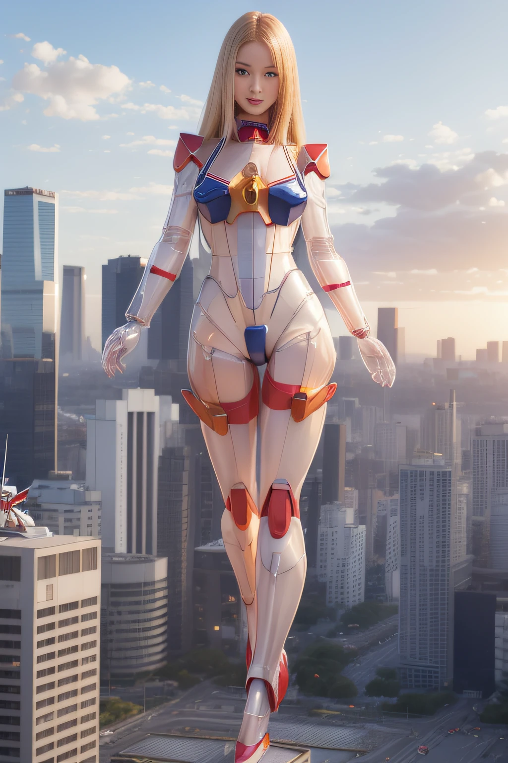 best qualtiy、masutepiece、超A high resolution、(Photorealistic:1.4)、GTSgiga、From below、adult lady、(modeled:1.2)、small head、a small face、blonde hair、long legged、(Transparent Gundam Suit:1.5)、(Transparent body:1.15)、high-heels、Nipres、(Full body:1.4)、Appearance without makeup、Smile big、Walking Pose、(Small butt:0.7)、Big breasts、Huge breasts、(the perfect body:1.7)、Big city background、By Michelangelo