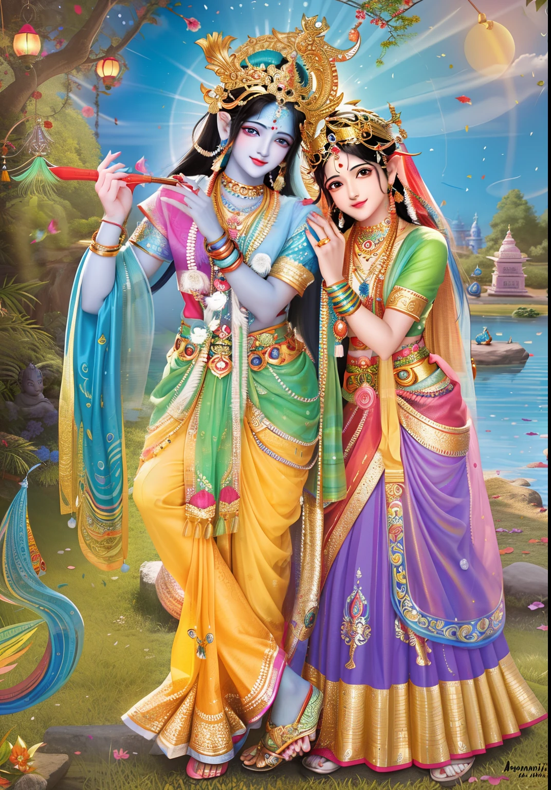 Masterpiece, best quality, Indian culture, Radhe Krishna, dancing together,