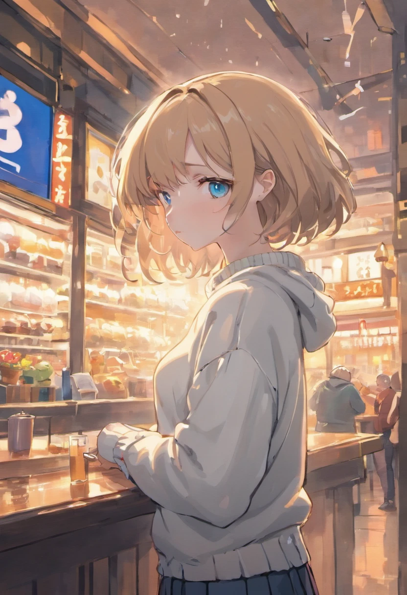 A beautiful and detailed portrait, happy, blue eyes, short brown staright hair, (white warm sweater:1.5), (tight skirt:1.5), sitting at a booth, (very fat:1.5), cityscape, inside, window, coffee shop, solo, bare shoulder, table, sitting across, point of view, cofee mug, night time, rain, raindrops on window, blushing