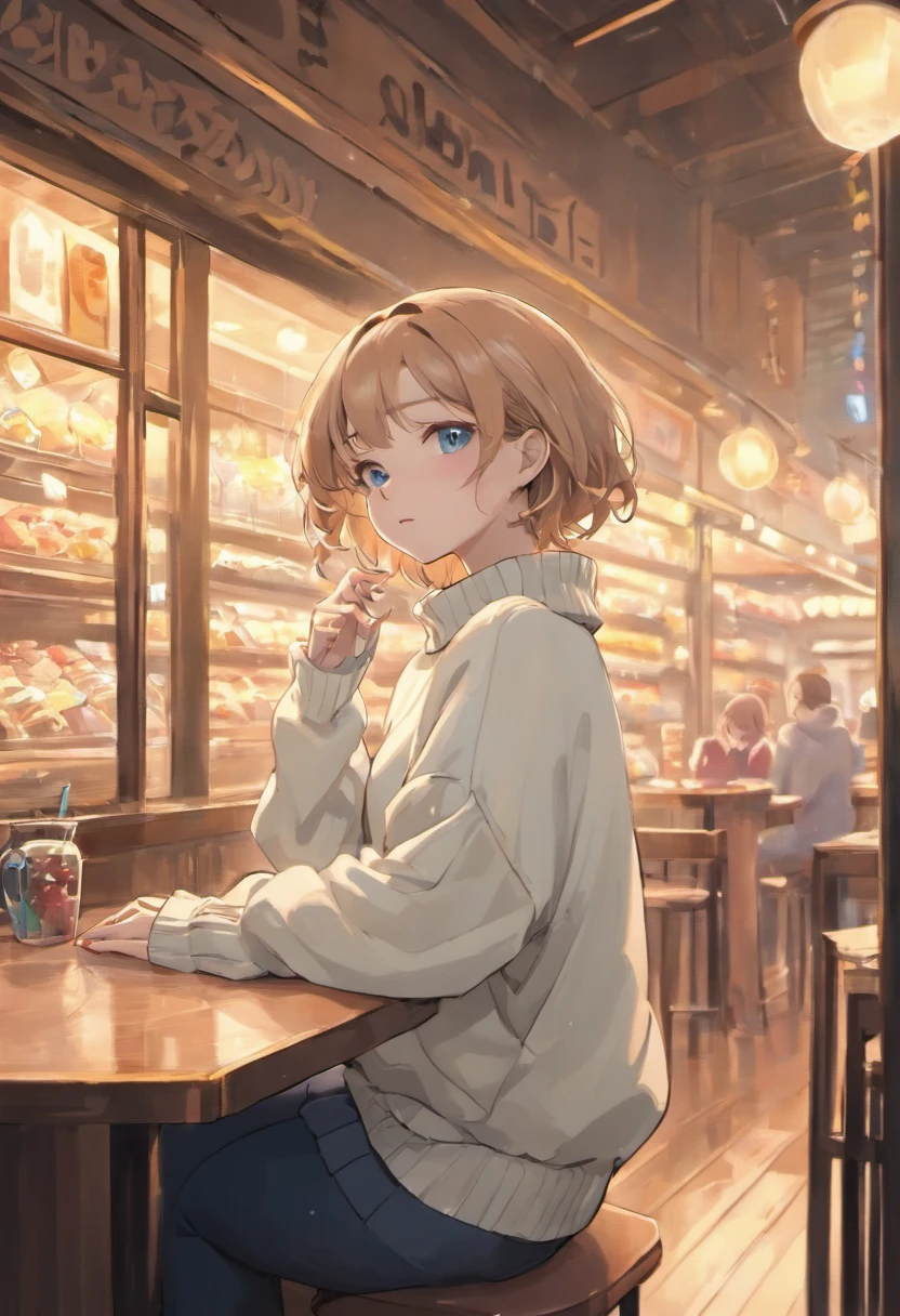 A beautiful and detailed portrait, happy, blue eyes, short brown staright hair, (white warm sweater:1.5), (tight skirt:1.5), sitting at a booth, (very fat:1.5), cityscape, inside, window, coffee shop, solo, bare shoulder, table, sitting across, point of view, cofee mug, night time, rain, raindrops on window, blushing