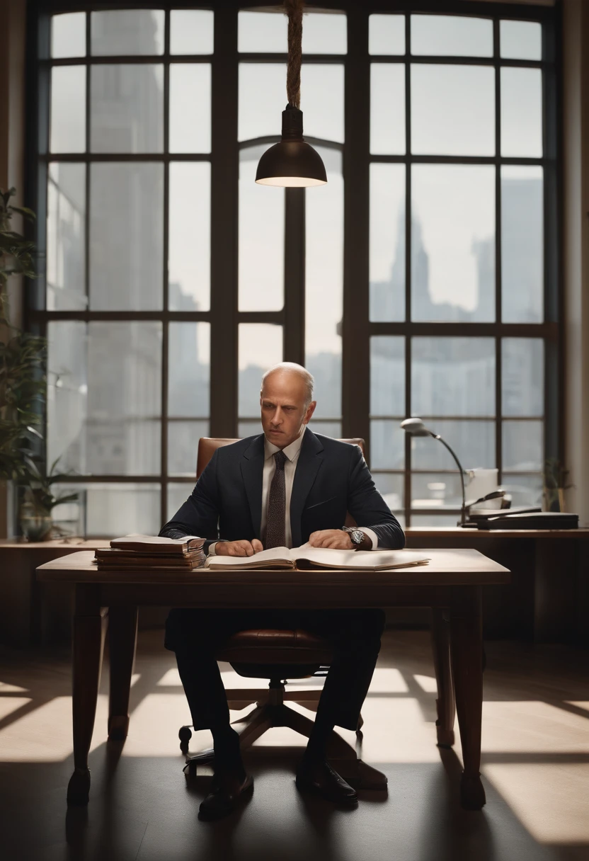 (best quality,4k,8k,highres,masterpiece:1.2),ultra-detailed,(realistic,photorealistic,photo-realistic:1.37),a person sitting on a chair,in front of a desk,worried and tense facial expression,detailed face expressions,expressive eyes and eyebrows,stressed facial wrinkles,stern look,detailed lips and mouth,deep in thought,strained muscles,wrinkled forehead,serious atmosphere,dark lighting,professional,studious setting,modern office environment,stressed posture,desk cluttered with papers,computer and books on the desk,books stacked up,notebook and pen in the person's hands,office chair with a leather seat,sophisticated office attire,modern-style chair,muted color palette,subtle lighting contrast,crisp and clear details,realistic portrayal of textures,sophisticated lighting setup,calm and focused atmosphere,office environment with a large window overlookin a cityscape,outdoors scenery visible through the window