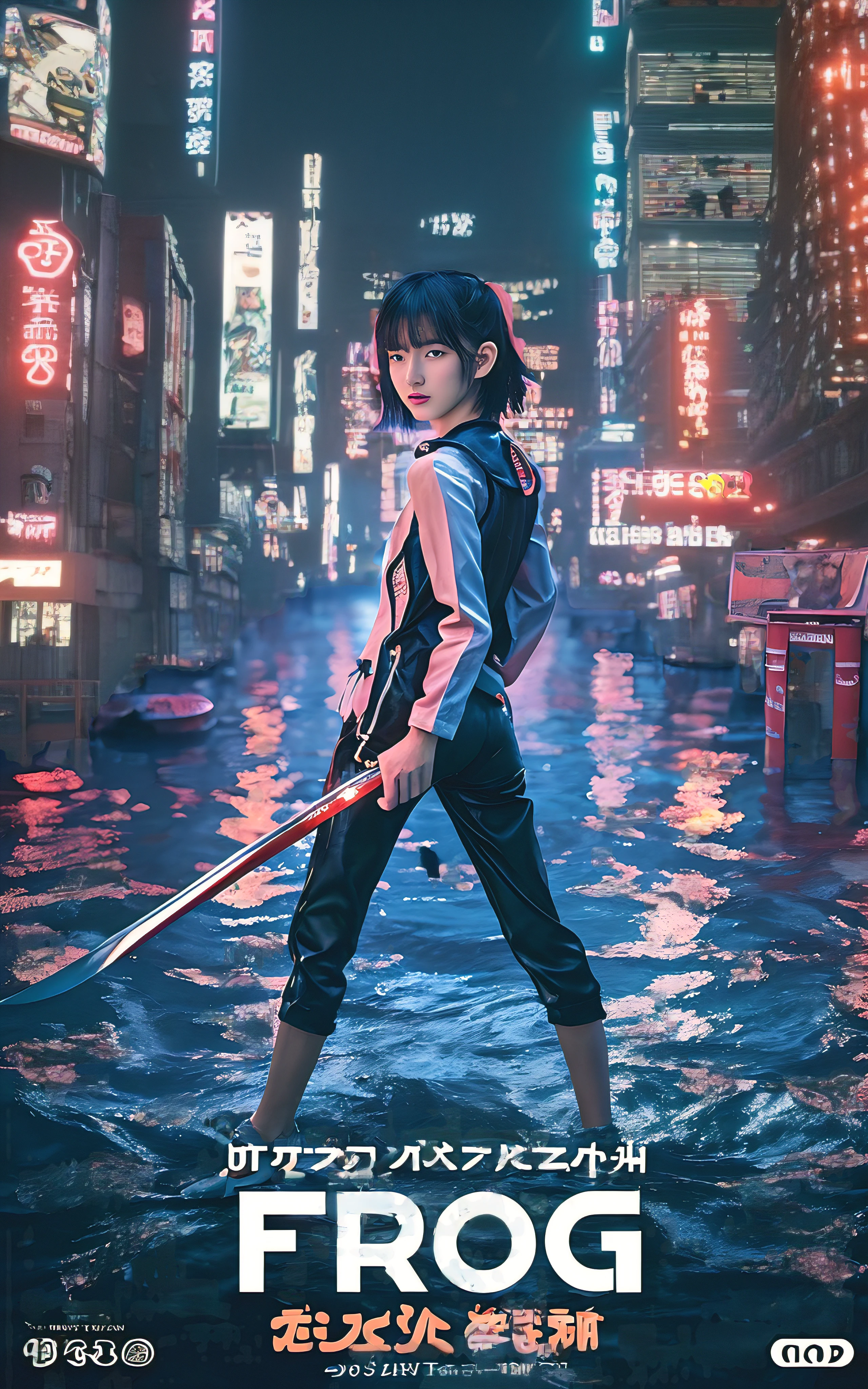 Detailed Tokyo city center at night in the background、Movie poster with realistic pictures、Boyish teenage Japan girl standing in flooded Tokyo city、Turning around、With a very slender body、Wearing black slim denim、Wearing monotone long-sleeved lace、Wearing a black vest、Natural hairstyles with cool shortcuts、She looks at you sharply with determination、Holding a long Japan sword in his hand、photos realistic, Cinematic poster, The title of the film says:"frog" Say in small text:"black rain," We will make the city of Tokyo look cute, boyish, Short-haired teenage girl in modern fashion、I like the girly hoodie style mixed with the light diving suit, She has a long sword, Cool Pose, photos realistic, Beautiful rendering of reflective water surface, Flickering pink and orange neon signs say:"frog", 8K, Wallpaper, (credibly_absurderes,Huge_filesize:1.37),(​masterpiece:1.37),(top-quality:1.37),(realisitic,Photorealsitic:1.2),Ray traching,Realistic lighting,(illuminations,Glow),((film grains:1.37)),(Exquisite details and textures:1.2),(8K分辨率:1.2),(ultra -detail:1.2),(Sharp Focus 1.2),(Raw photography:1.0),(Beautiful Detail Face、Beautiful Detail Eye、 radiant eyes、long eyeslashes、blush of the nose:1.2)、((((perfect anatomia))))、full body Esbian、Ceremony、1girl in、独奏、a beauty girl、High class、(A slender:1.37)、(cute  face)、(Natural glowing skin:1)、(Detailed natural skin、detailed skin textures、Detailed black hair、Boyish Hairstyles)、Facial light、(ciinematic light)、Water surface is rendered realistic、Ripple around her、City neon sign light reflecting on the surface of the water、Big city after rain、、depth of fields、​masterpiece