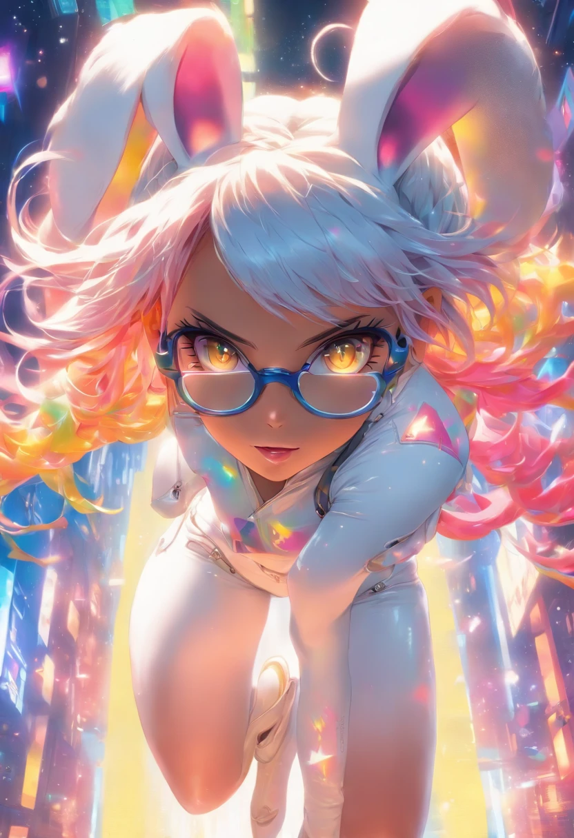 The most beautiful and sexy bunny girl, rainbow colored hair, yellow eyes, wearing glasses, wearing highly detailed white leather outfit and white leather boots, perfect masterpiece, high quality, high resolution