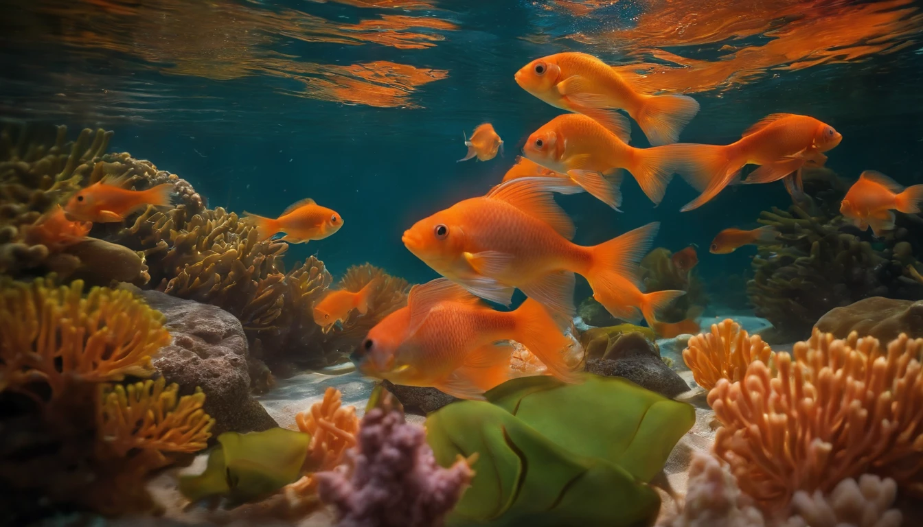 (Best quality, High-res:1.2), vibrant lights, Masterpiece:1.2, Selected, ultra - detailed, high high quality, Award-winning, Swim in a small goldfish tank, finback, Refract sunlight, Rich colors, Underwater magic, Fascinating pattern, Intricate scales, sparkling reflections, Magical atmosphere, Fantastic environment, Ethereal beauty, Delicate fins, graceful movements, A fascinating underwater world, surreal scene, Charming composition, Surreal lighting, Whimsical elements, fantastical creature, mystical ambiance, otherworldly charm, immersive experience, Mysterious underwater adventure, Breathtaking depth, Surrealist fantasy, Tranquil floating, Spectacular spectacle, Sparkling water, Floating petals, Mysterious shadows, Intricate coral formation, serenity and calm