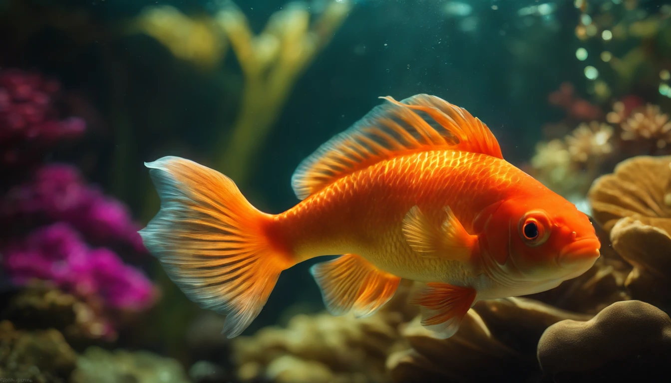 (Best quality, High-res:1.2), vibrant lights, Masterpiece:1.2, Selected, ultra - detailed, high high quality, Award-winning, Swim in a small goldfish tank, finback, Refract sunlight, Rich colors, Underwater magic, Fascinating pattern, Intricate scales, sparkling reflections, Magical atmosphere, Fantastic environment, Ethereal beauty, Delicate fins, graceful movements, A fascinating underwater world, surreal scene, Charming composition, Surreal lighting, Whimsical elements, fantastical creature, mystical ambiance, otherworldly charm, immersive experience, Mysterious underwater adventure, Breathtaking depth, Surrealist fantasy, Tranquil floating, Spectacular spectacle, Sparkling water, Floating petals, Mysterious shadows, Intricate coral formation, serenity and calm