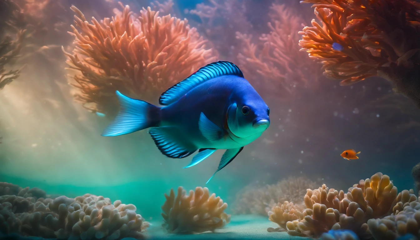 (Best quality, High-res:1.2), vibrant lights, Masterpiece:1.2, Selected, ultra - detailed, high high quality, Award-winning, Swim in a small goldfish tank, finback, Refract sunlight, Rich colors, Underwater magic, Fascinating pattern, Intricate scales, sparkling reflections, Magical atmosphere, Fantastic environment, Ethereal beauty, Delicate fins, graceful movements, A fascinating underwater world, surreal scene, Charming composition, Surreal lighting, Whimsical elements, fantastical creature, mystical ambiance, otherworldly charm, immersive experience, Mysterious underwater adventure, Breathtaking depth, Surrealist fantasy, Tranquil floating, Spectacular spectacle, Sparkling water, Floating petals, Mysterious shadows, Intricate coral formation, serenity and calm