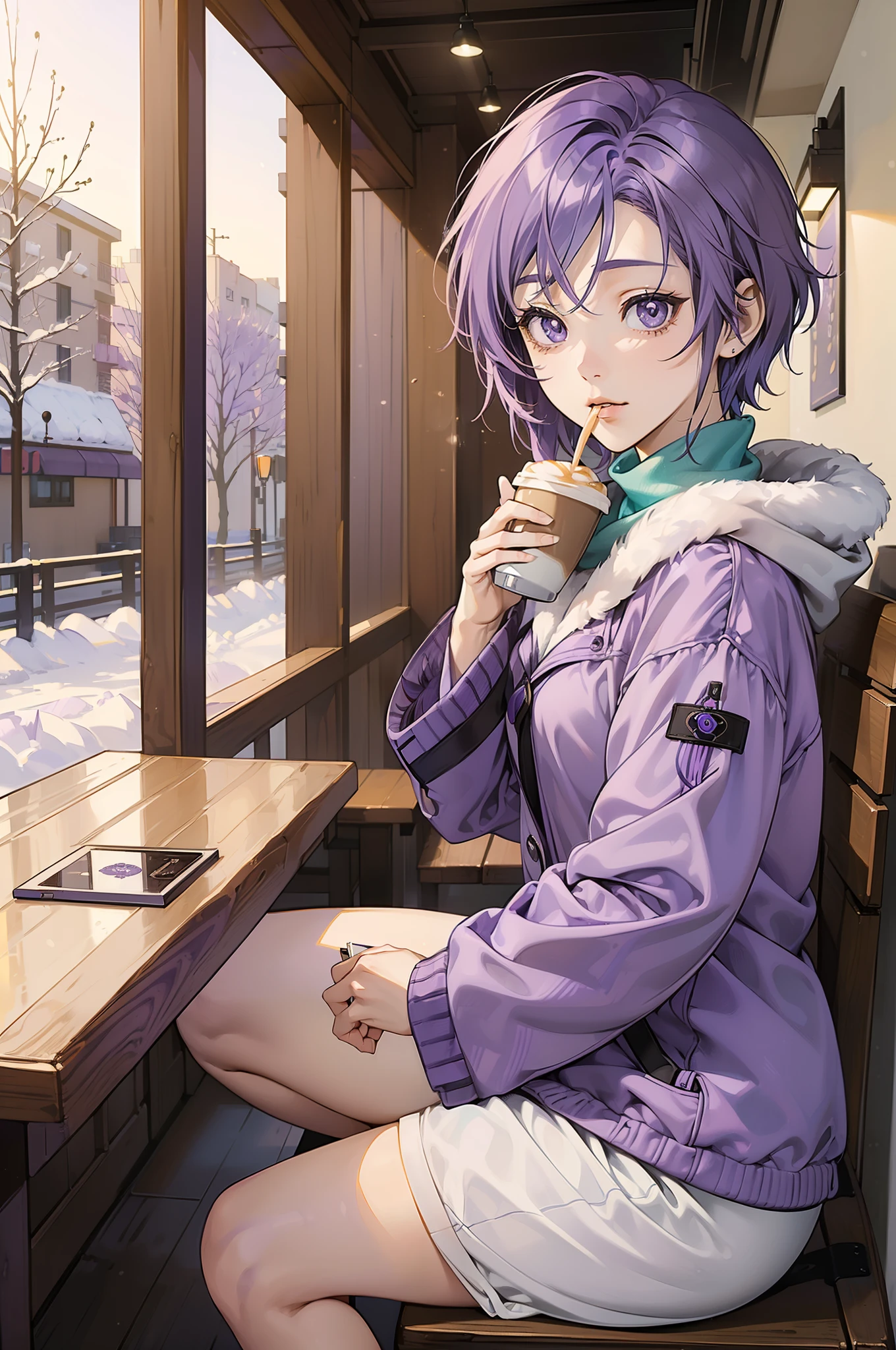 (((nami hayase))) (((short purple hair))) (((perfect purple eyes))) (((drinking a coffee at a coffee shop in winter clothings))) masterpiece, best quality, high quality, 1girl, full body, hyper-detailed, 4K