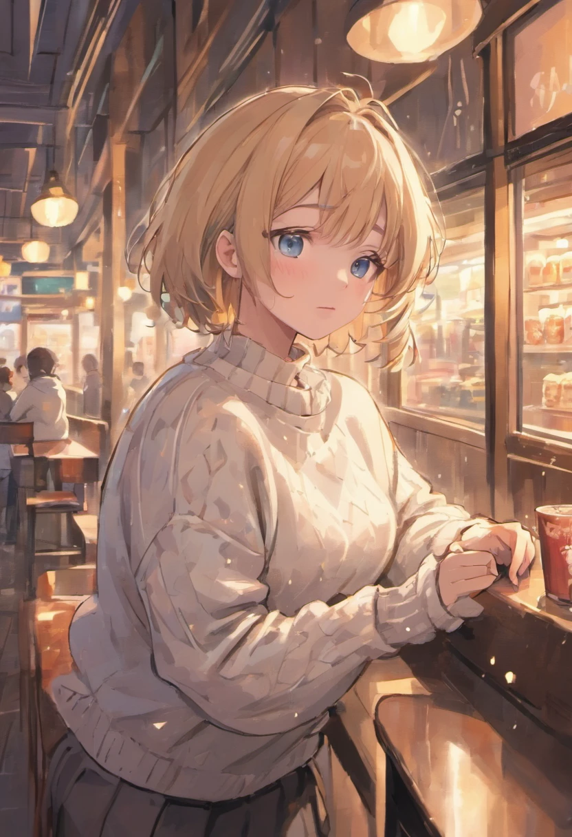 A beautiful and detailed portrait, happy, blue eyes, short brown staright hair, (white warm sweater:1.5), (tight skirt:1.5), sitting at a booth, (very fat girl:1.5), cityscape, inside, window, coffee shop, solo, bare shoulder, table, sitting across, point of view, cofee mug, night time, rain, raindrops on window, blushing