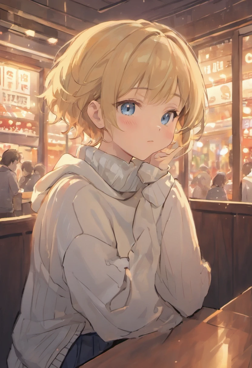 A beautiful and detailed portrait, happy, blue eyes, short brown staright hair, (white warm sweater:1.5), (tight skirt:1.5), sitting at a booth, (very fat girl:1.5), cityscape, inside, window, coffee shop, solo, bare shoulder, table, sitting across, point of view, cofee mug, night time, rain, raindrops on window, blushing
