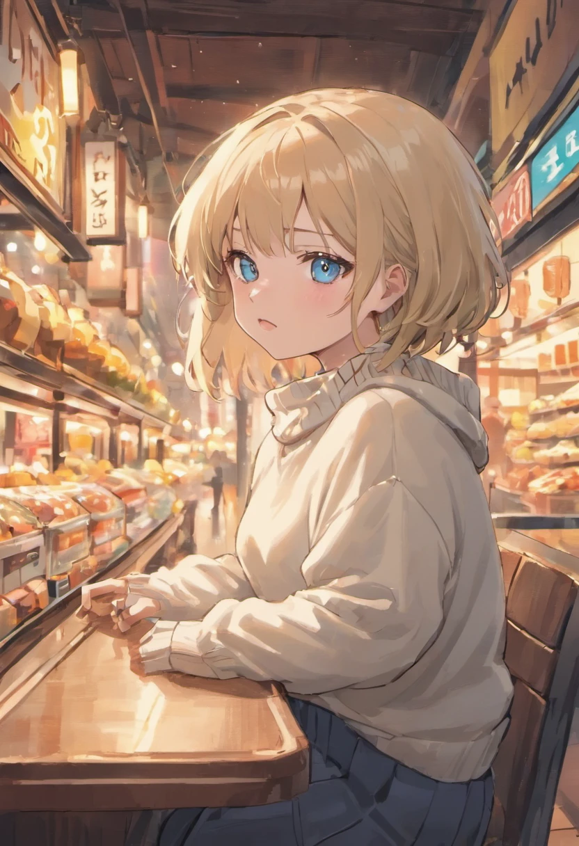 A beautiful and detailed portrait, happy, blue eyes, short brown staright hair, (white warm sweater:1.5), (tight skirt:1.5), sitting at a booth, (very fat girl:1.5), cityscape, inside, window, coffee shop, solo, bare shoulder, table, sitting across, point of view, cofee mug, night time, rain, raindrops on window, blushing