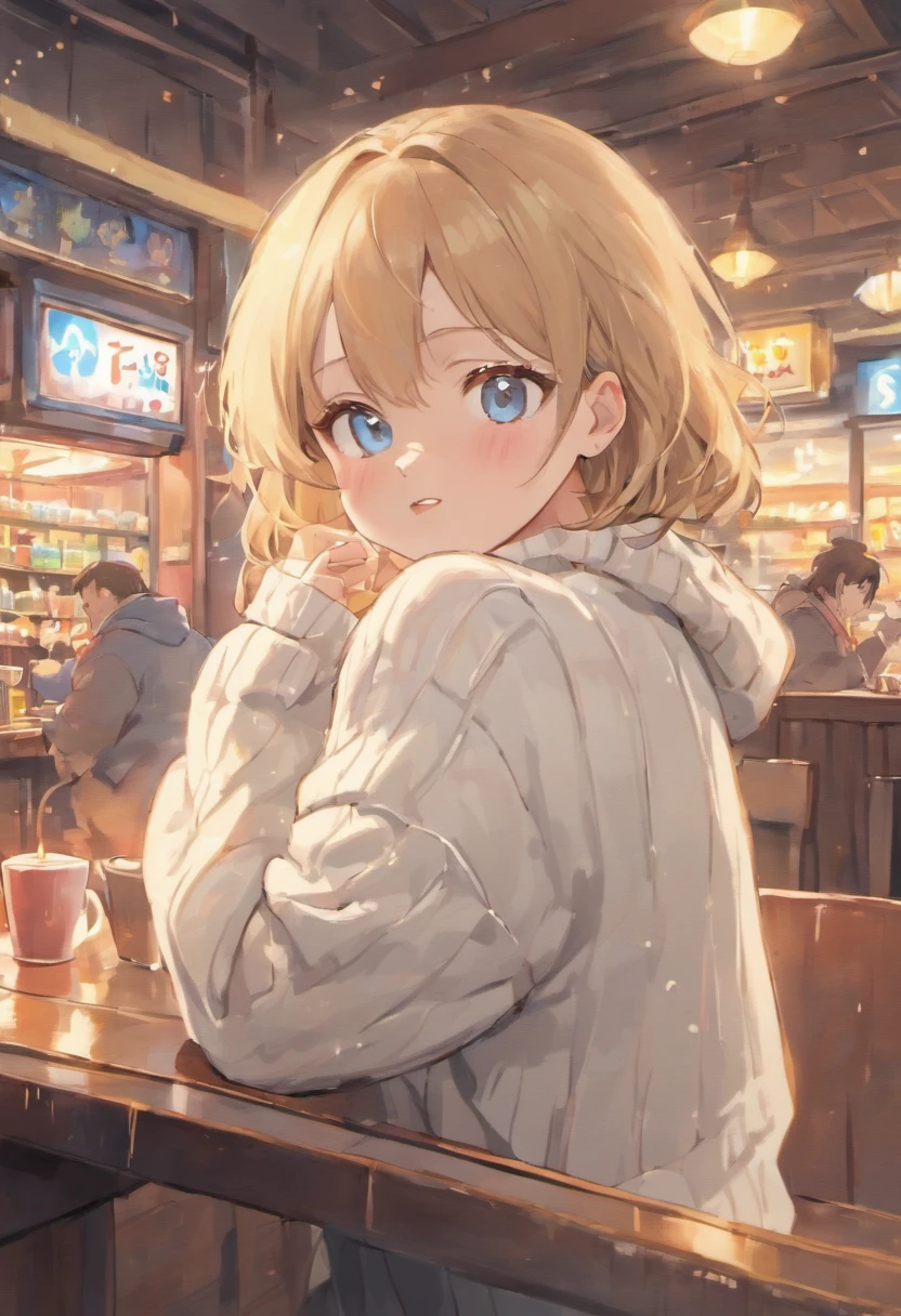 A beautiful and detailed portrait, happy, blue eyes, short brown staright hair, (white warm sweater:1.5), (tight skirt:1.5), sitting at a booth, (very fat girl:1.5), cityscape, inside, window, coffee shop, solo, bare shoulder, table, sitting across, point of view, cofee mug, night time, rain, raindrops on window, blushing
