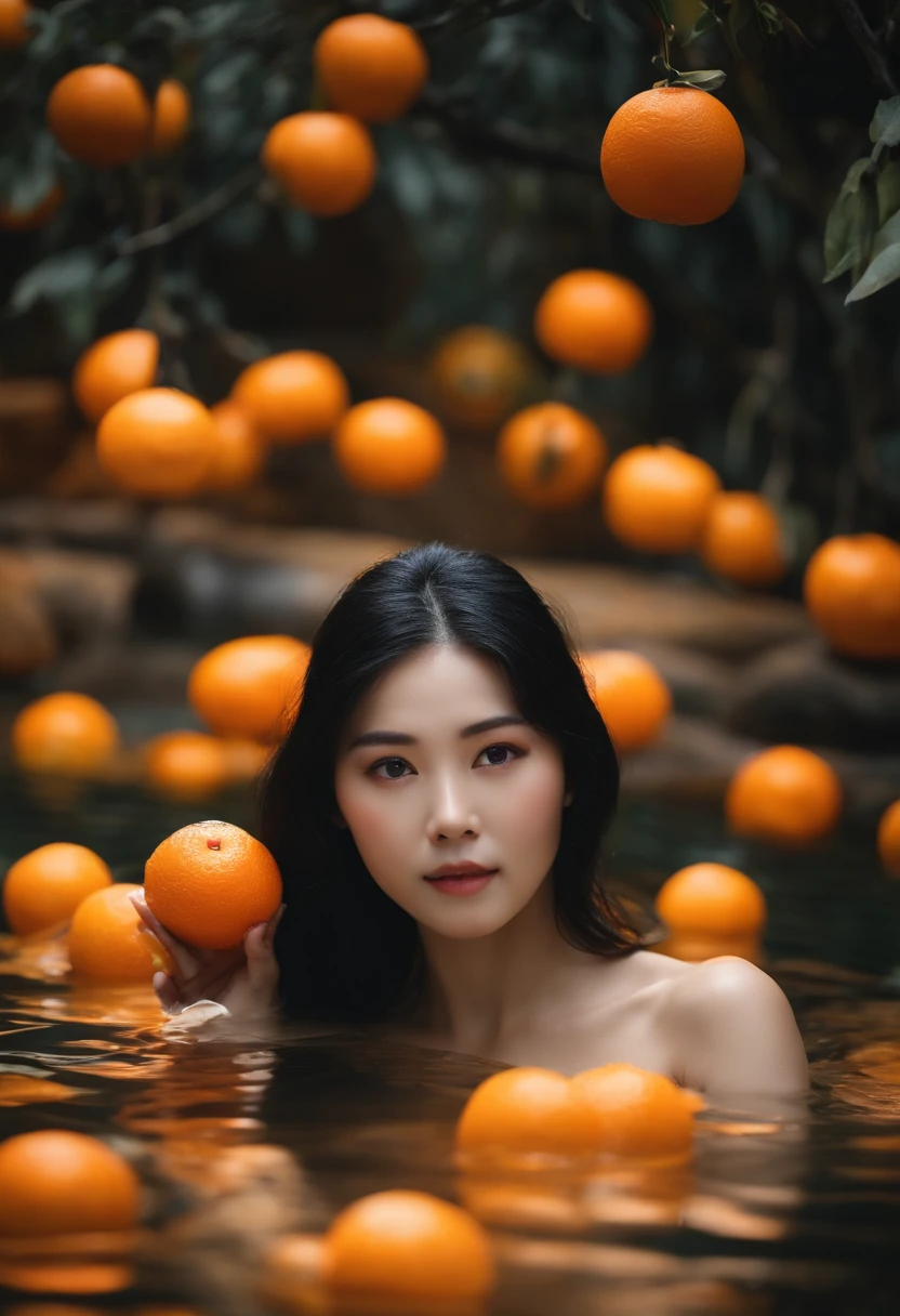 Mandarin oranges floating in the hot spring、Japan beauties take a bath、A dark-haired、20generation、tre anatomically correct、Looking at the camera