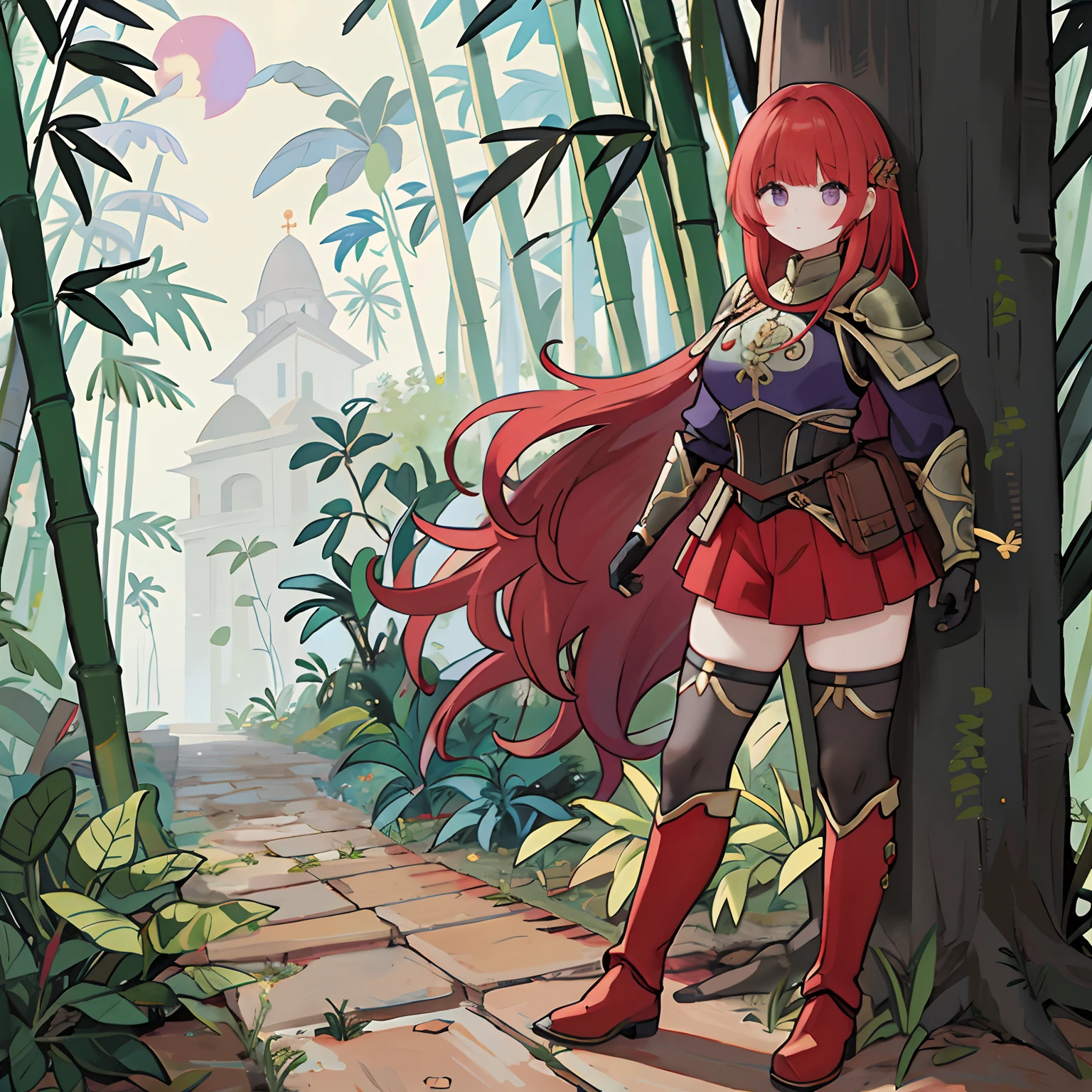 orelhas de elfo, Black pantyhose, bunda grande, 1girl, contra_tree, armadura vermelha, capa vermelha, Muscles, coxas grandes, blindado_Botas, red hair, olhar irritado, bunda grande, bambu, bambu_Floresta, franja, Botas, ramo, breastplate, seios grandes, fechado_boca, dia, Onze, Pirilampos, folhagem, Floresta, De_behind, Jardim, gate, Manoplas, grama, High_talons, hera, selva, joelho_Botas, folha, folha_Background Story, Longas_Hair, Olhando_em_visualizador, Olhando_back, palm_tree, parque, Caminho, pauldrons, coluna, pinheiro_tree, planta, plissado_saia, pontudo_Ouvidos, Purple_olho, vermelho_saia, caminho, ruins, ombro_armadura, saia, sozinho, escada, Standing