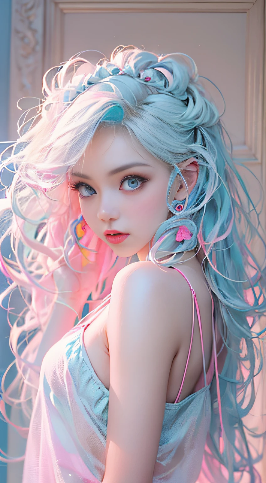 (best quality), (Ultra-detailed), (masterpiece), - A 24-year-old female model in a transparent, hot petite and sexy bra named Marina taking a selfie wearing a COLORED RIBBON ON HER BREASTS and panties, RAINBOW hair, rainbow hair, very long hair, high details, textured skin, UHD, masterpiece, anatomically correct, super detail, high quality, best quality, 16k, highres, award winning, high details --auto --s2