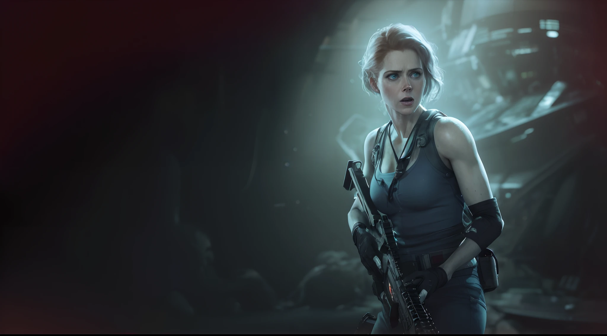 Hot terrified Sci fi Amy Adams on Ishimura Horror Space Ship photography, natural light, photorealism, cinematic rendering, ray tracing, the highest quality, the highest detail, Cinematic, Third-Person View, Blur Effect, Long Exposure, 8K, Ultra-HD, Natural Lighting, Moody Lighting, Cinematic Lighting