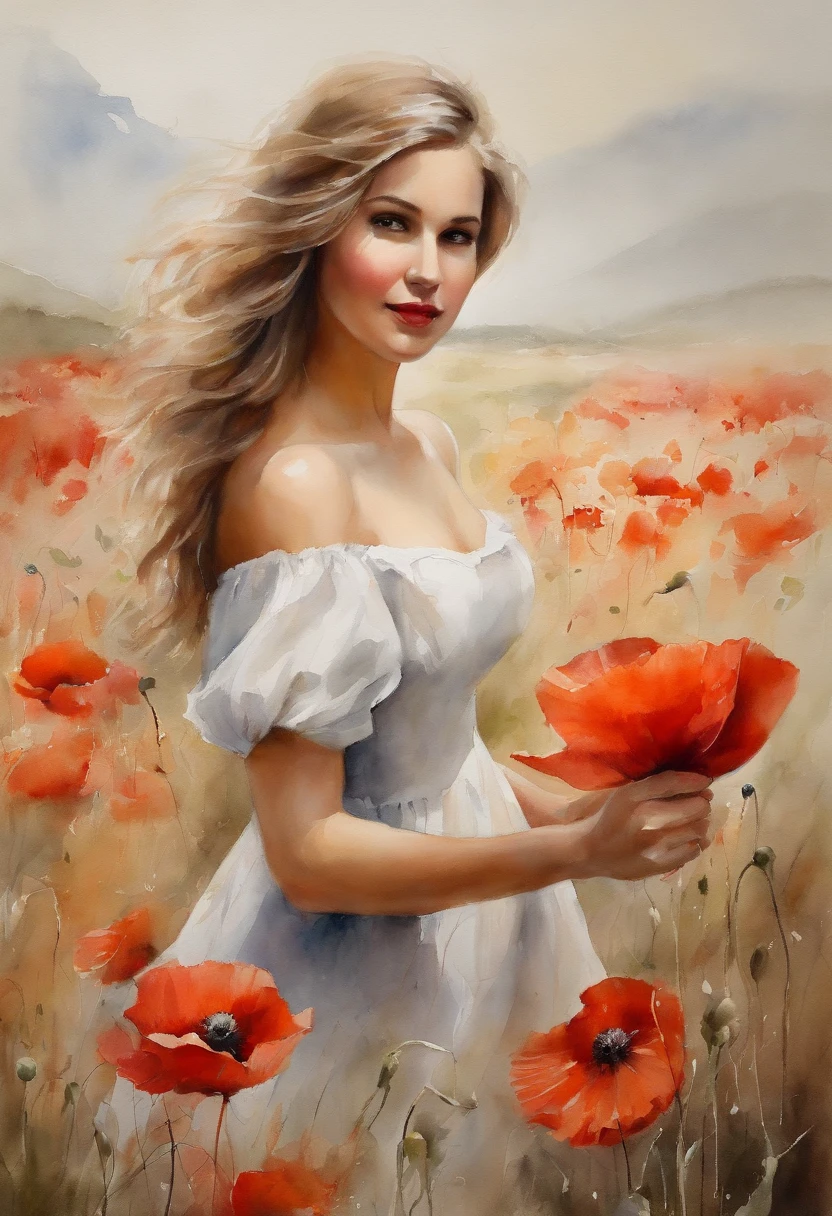 Girl playing in poppy field, nude. masterpiece.