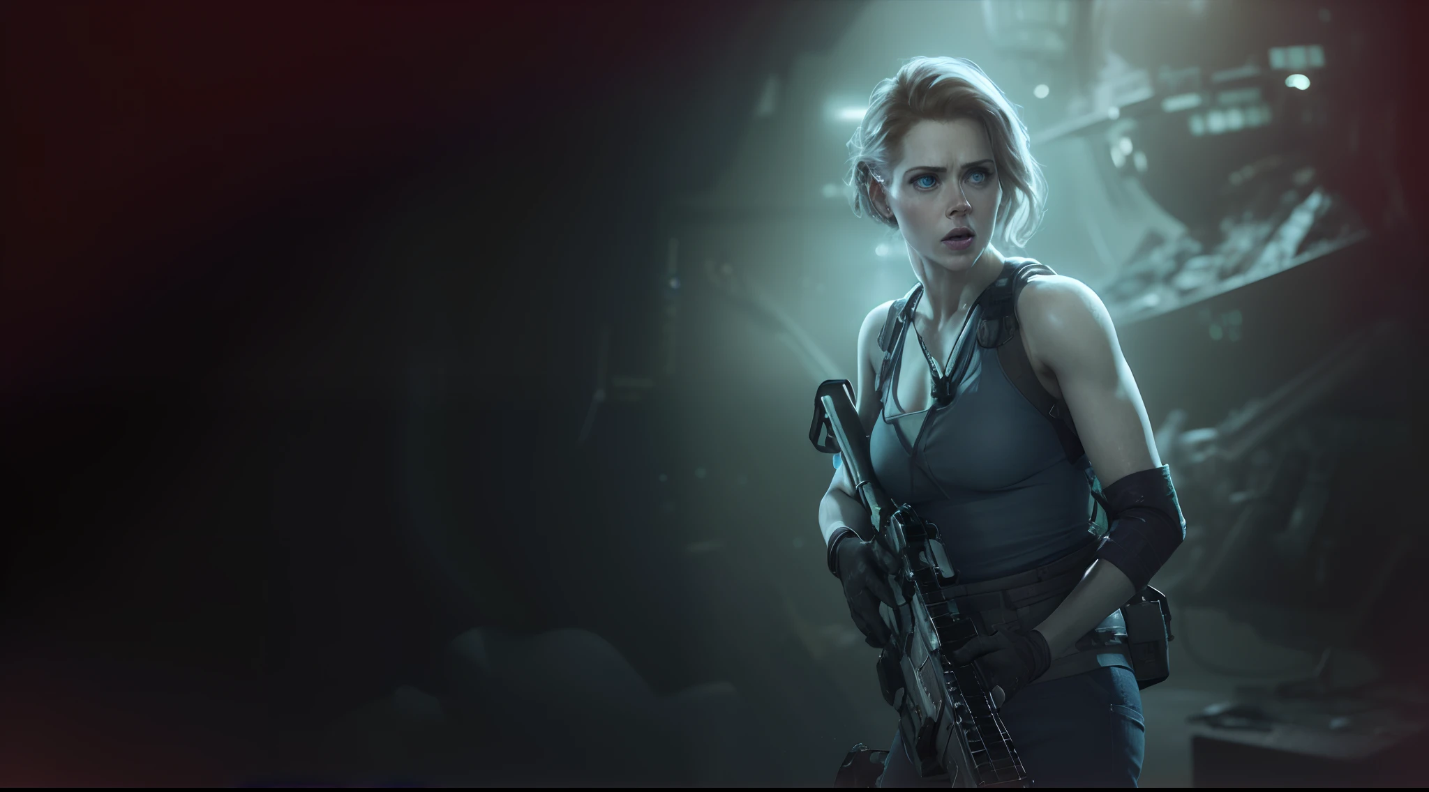 Hot terrified Sci fi Amy Adams on Ishimura Horror Space Ship photography, natural light, photorealism, cinematic rendering, ray tracing, the highest quality, the highest detail, Cinematic, Third-Person View, Blur Effect, Long Exposure, 8K, Ultra-HD, Natural Lighting, Moody Lighting, Cinematic Lighting