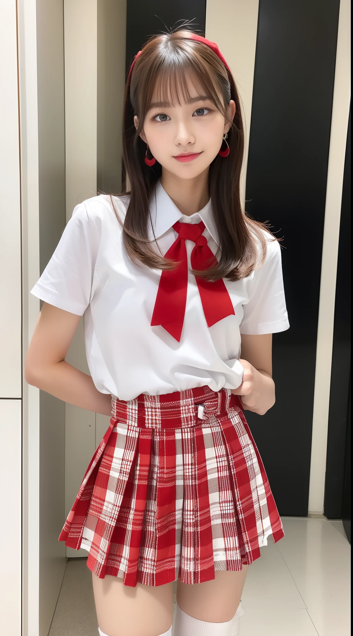 seifuku cosplay,seifuku cosplayershort hair,arm behind,front body, front face, slender body,standing ,(8k, RAW photo, best quality, masterpiece:1.2), (realistic, photo-realistic:1.37), ultra-detailed,(detailed beautiful girl:1.4),1 girl, full body shot,