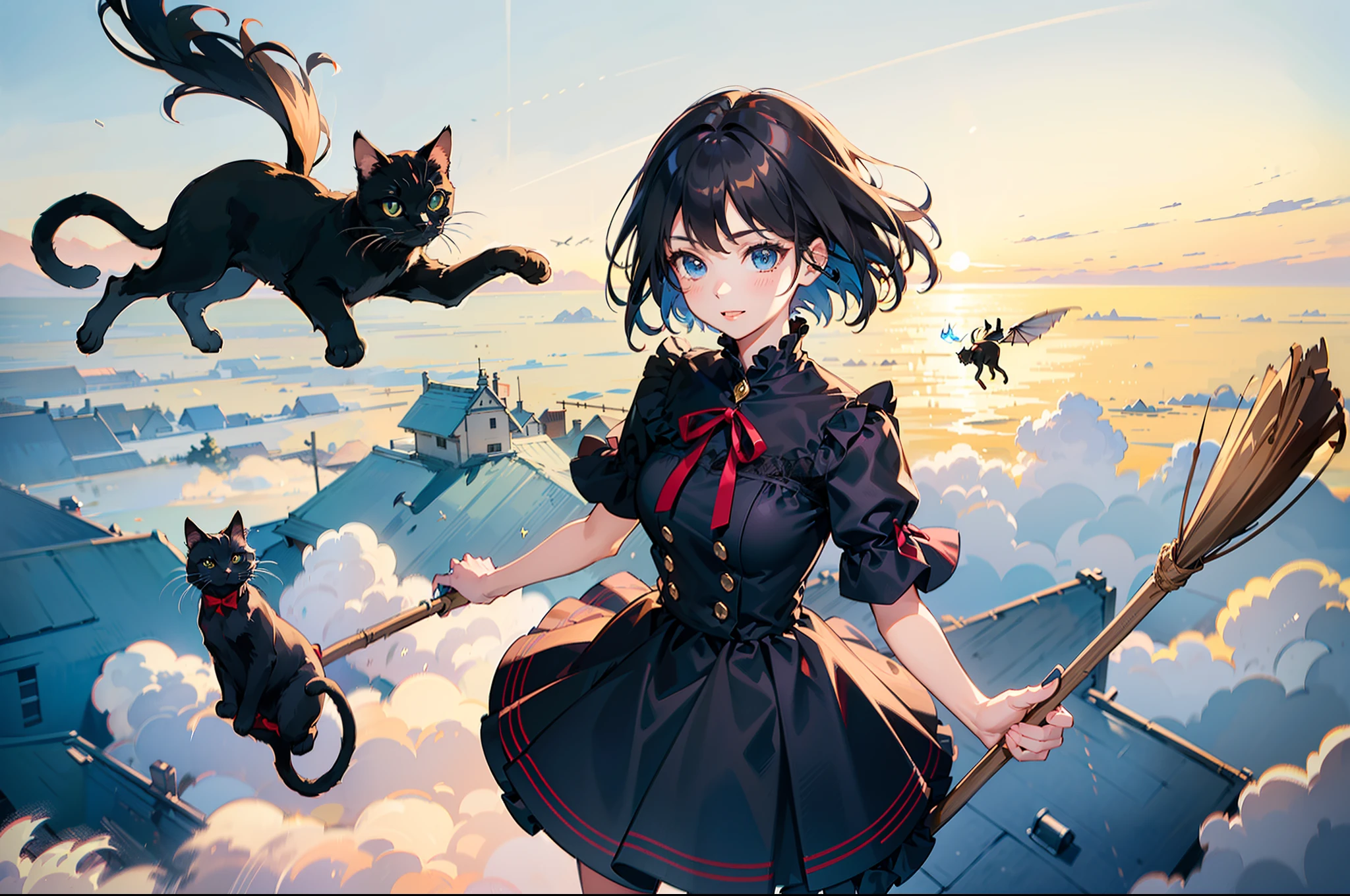 1 girl , (flying through the sky), (a broom behind her), chuckle ,bob cut, black hair, red ribbon,black dress ,from above ,cowboy shot, (a black cat),((masterpiece)), ((best quality)), ((ultra-detailed)), (illustration), ((an extremely delicate and beautiful))