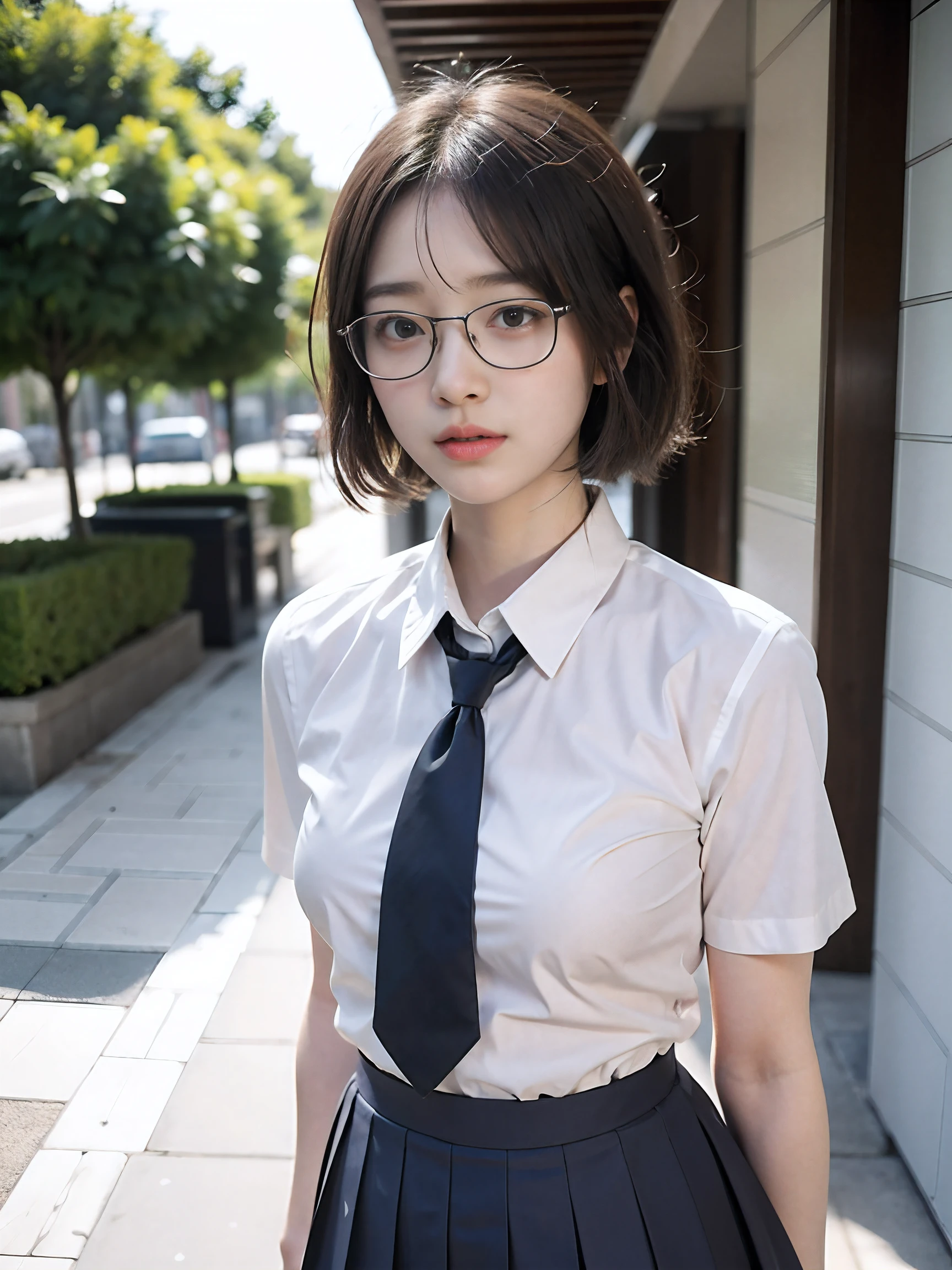 pedestrian walkway，RAW photos，8K，HighestQuali， 超高分辨率，Beautiful face details，Real human skin，A shy expression，up front view，From the angle below，Short shawl hair，wears glasses，realisticlying，realisticlying，adolable，short  skirt，Stand deep in the city，cute female student，Japanese schoolgirl uniform，Wearing a Japanese school uniform，Surreal high school girl，full bodyesbian，