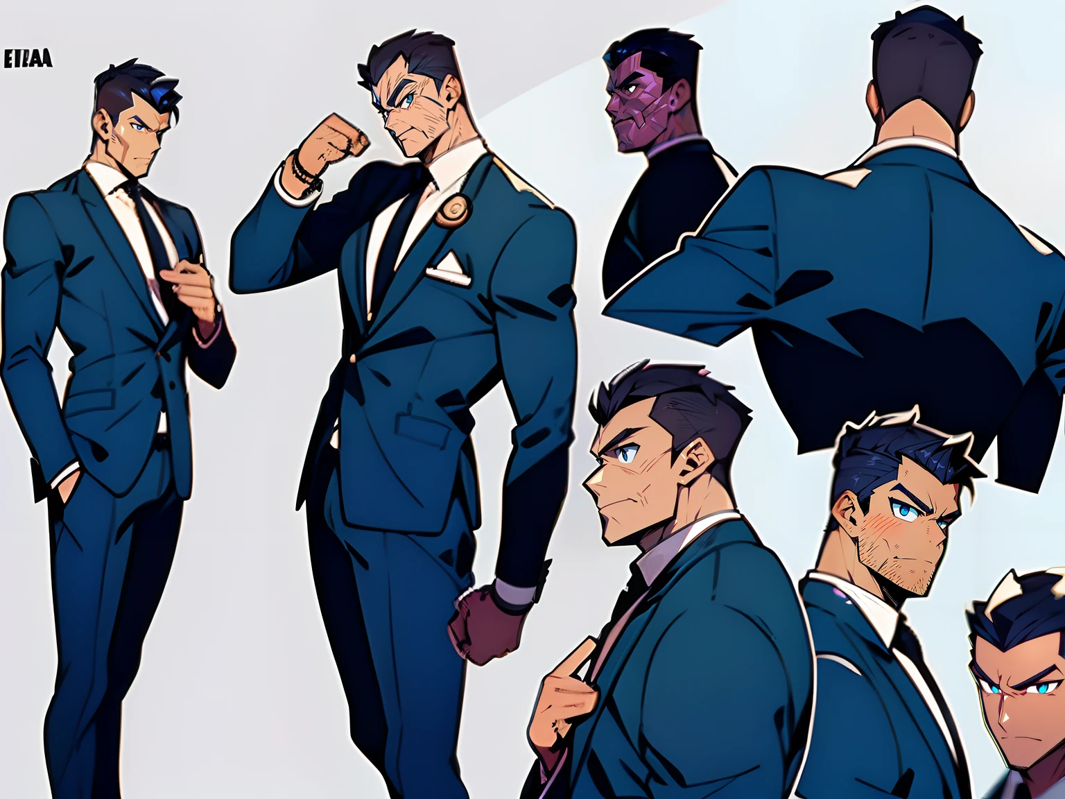 "Por favor, crie um model sheet detalhado para um personagem que estou desenvolvendo. The character is a man of about 30 years, vestindo um traje futurista de nave espacial. ele tem (((cabelos castanho curtos, Hairstyles back))), clear eyes and a confident expression on the face. Certificar-se para incluir vistas frontais, lateral e traseira do personagem, bem como detalhes do traje. The character must be in a standing pose. Ensure proportions and style are consistent and suitable for high-quality animations."