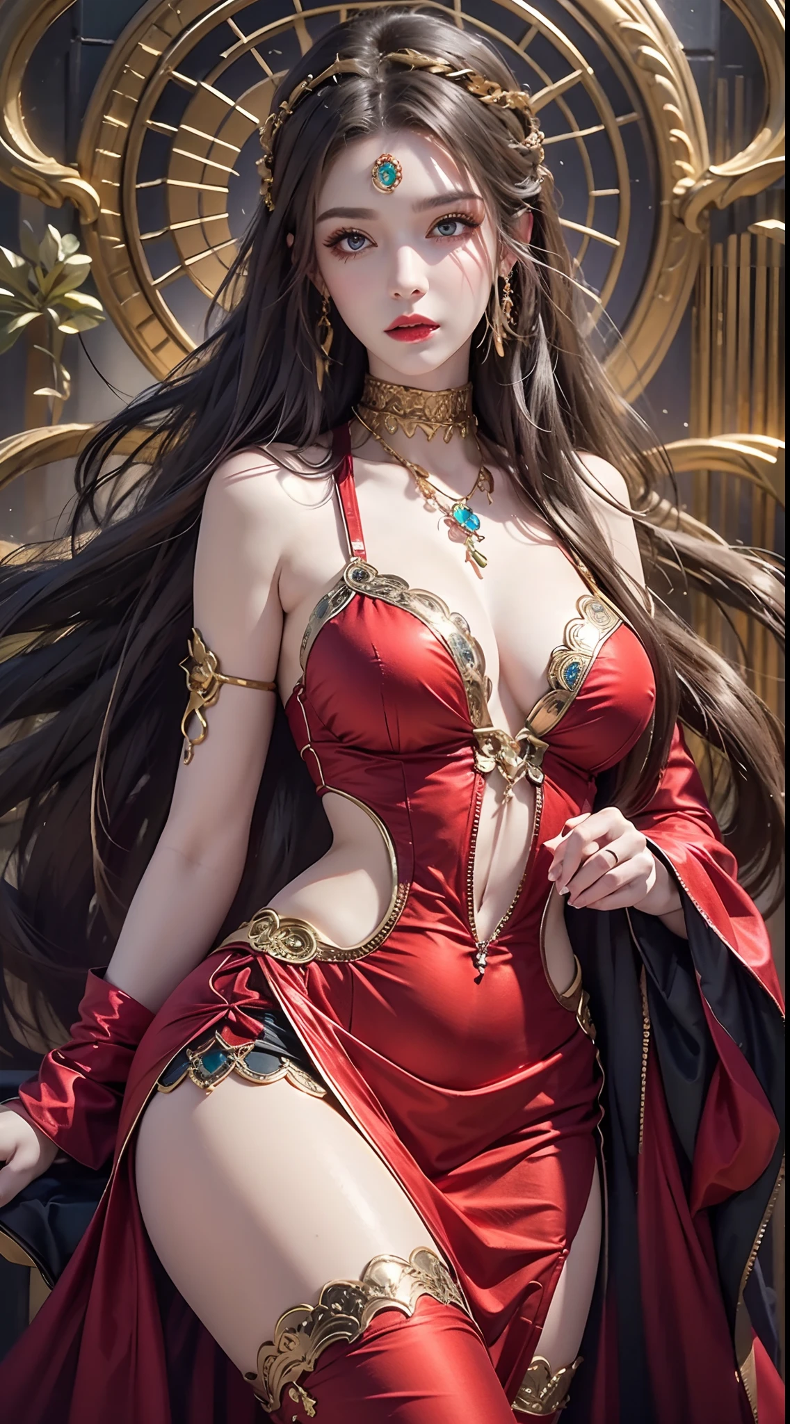 Photorealistic, high resolution, 1 woman, hips up, Beautiful eyes, Long hair, ringed eyes, jewelry, medusa, red dress