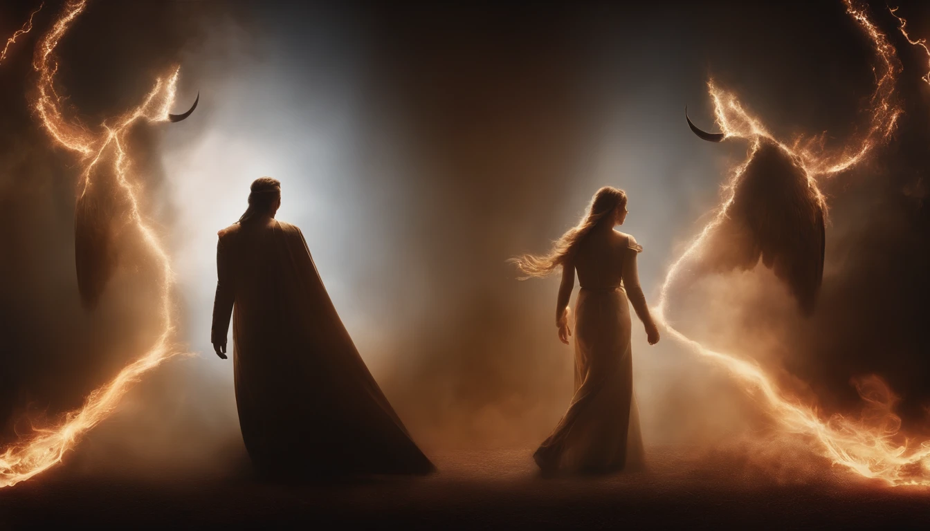 Angels and demons appear at the same time,Don't go to hell,It's about going to heaven,Heaven and hell blinked instantly。Cinematic image effects,angel versus devil,Cinematic image effects,depth of fields,high light,Real light,Ray traching,oc rendered,Hyper-realistic,best qualtiy,8K master works