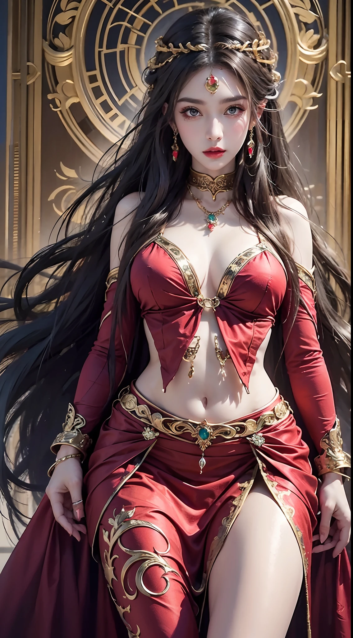 Photorealistic, high resolution, 1 woman, hips up, Beautiful eyes, Long hair, ringed eyes, jewelry, medusa, red dress