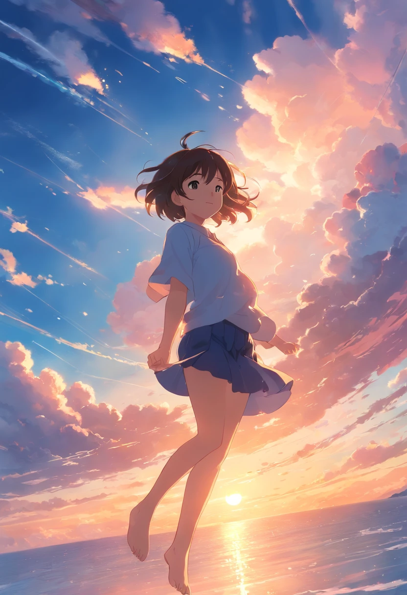 masterpiece, best quality, movie still, 1girl, cloud girl, floating in the sky, close-up, bright, happy, warm soft lighting, sunset, (sparks:0.7)