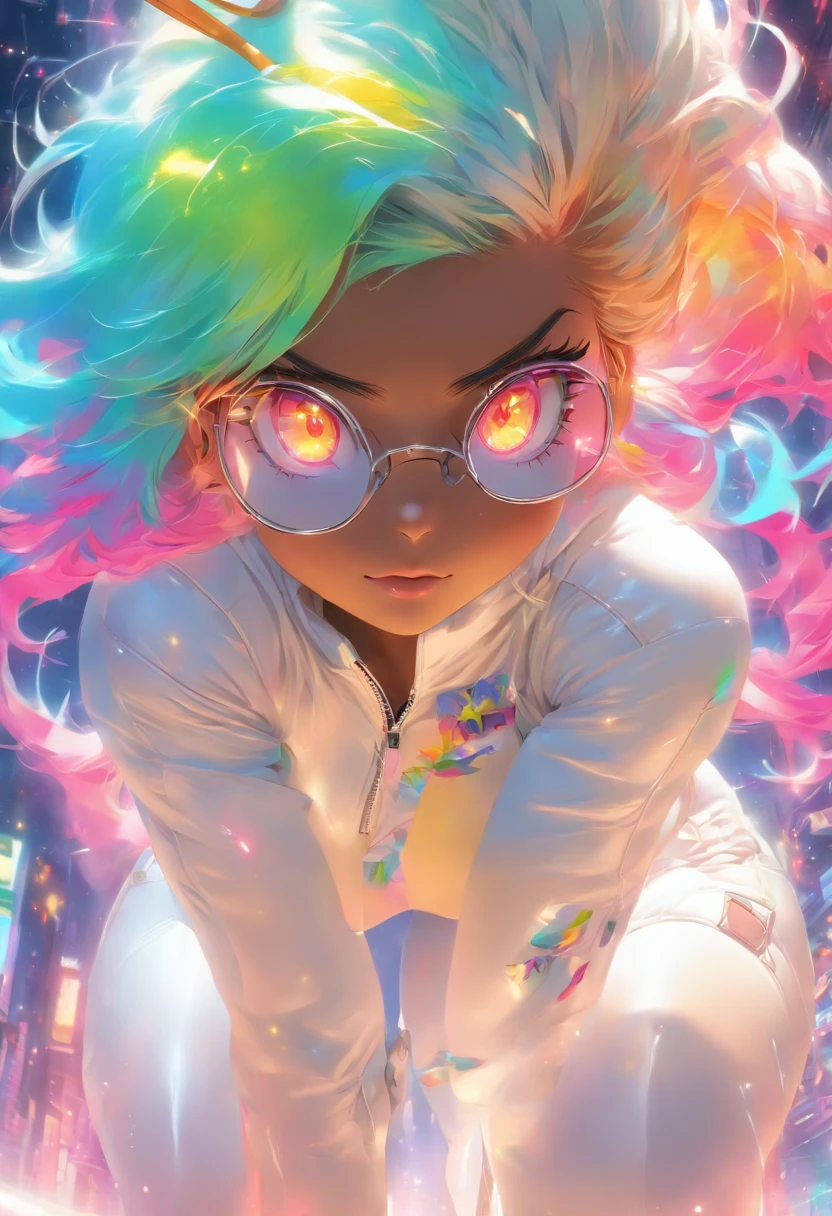 The most beautiful and sexy bunny girl, rainbow colored hair, yellow eyes, wearing glasses, wearing highly detailed white leather outfit and white leather boots, perfect masterpiece, high quality, high resolution
