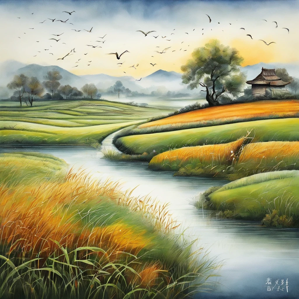 Cold dew,Twenty-four solar terms cold dew,Murata,Faraway view, High contrast, , vivd colour,Chinese traditional painting,Rice paddies and windmills,人物,Organic realism,Colorful animations,Seedlings in the field are first inserted、New crop seeds,Intricate pictorial details of forests in Myanmar with abundant precipitation,vector line art,trending in pixiv, anime concept art, Stick, Mattire, high high quality, Edge to edge, Sanskrit,fall season,The weather is cool,Cool colors,Dry weather,The leaves wither