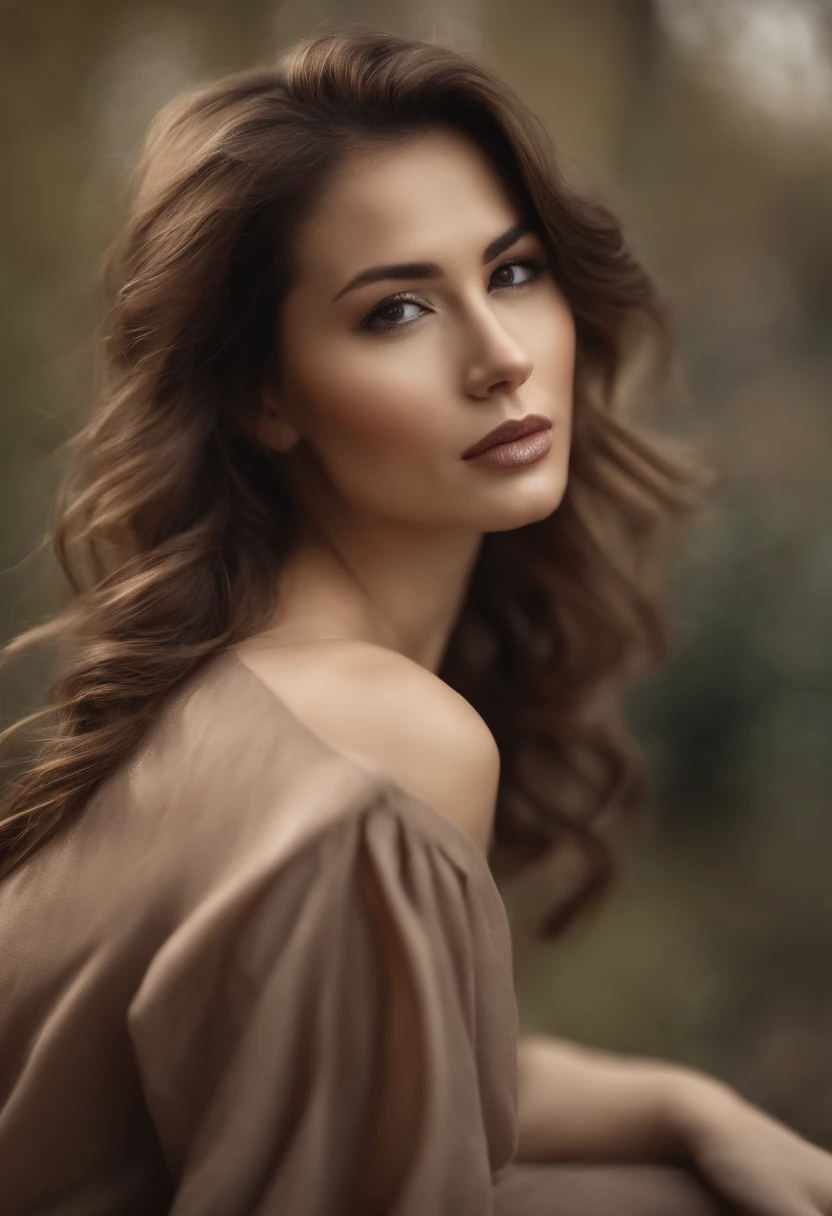 woman has brown hair, in the style of janice sung, avacadopunk, webcam, dark beige and gray, cinquecento, nelleke pieters, mamiya rb67 --v 5.2