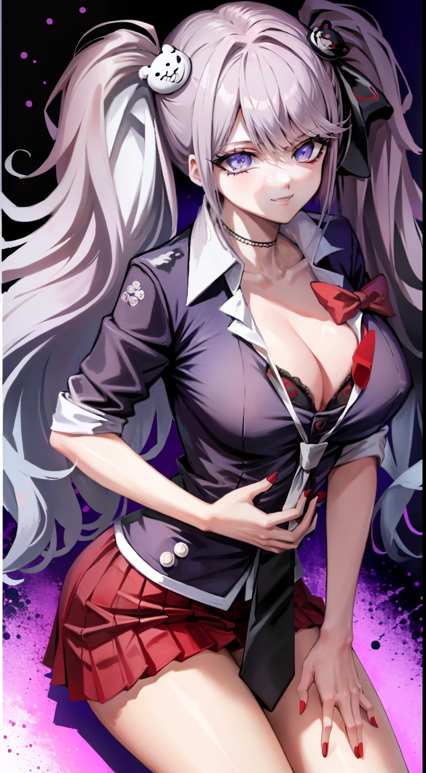 Kirigiri Kyoko, 1girl, corbata, solamente, big breasts, evil smile, outfit Junko Enoshima, twintails, solo, blue eyes, bangs, bear hair ornament, nail polish, red nails, red bow, black shirt, underwear, choker, black bra, collarbone, sleeves rolled up, white necktie, pleated plaid red skirt, school uniform, black cross-laced knee boots, shiny, shiny hair, landscape, city landscape, city background, (hands over chest), hand over breasts, correct hands, correct anatomy, five fingers, beautiful hands big breasts