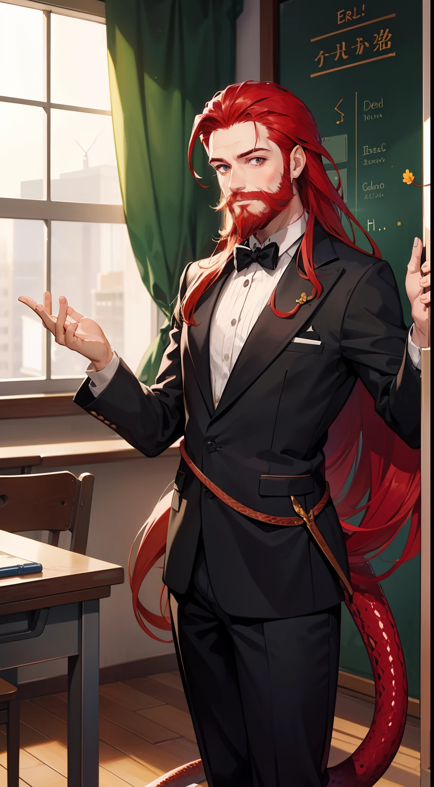 1man,40s,solo,teacher outfit,long tail serpent,red hair,beard,happy face,classroom,