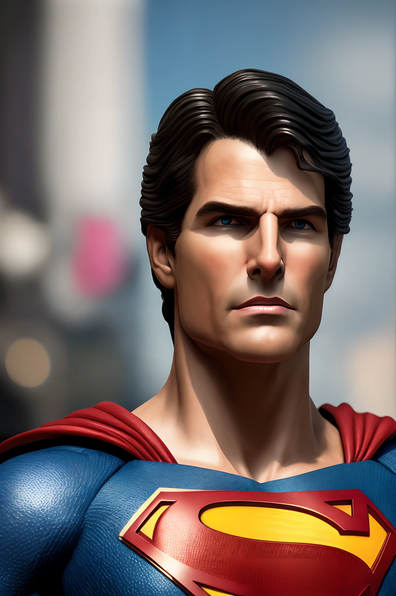 A closeup of a Superman statue with a blurry background, tom cruise, 8k portrait render, retrato vfx altamente detalhado de, Retrato de tom cruise, tom cruise, Henrique Cavill!!!, Super-homem, cinematic bust shot, brinquedos quentes, hiperreal altamente detalhado 8 k, cinematic bust portrait, sem texto, filme ainda 8K, cinematic close-up of bust --auto