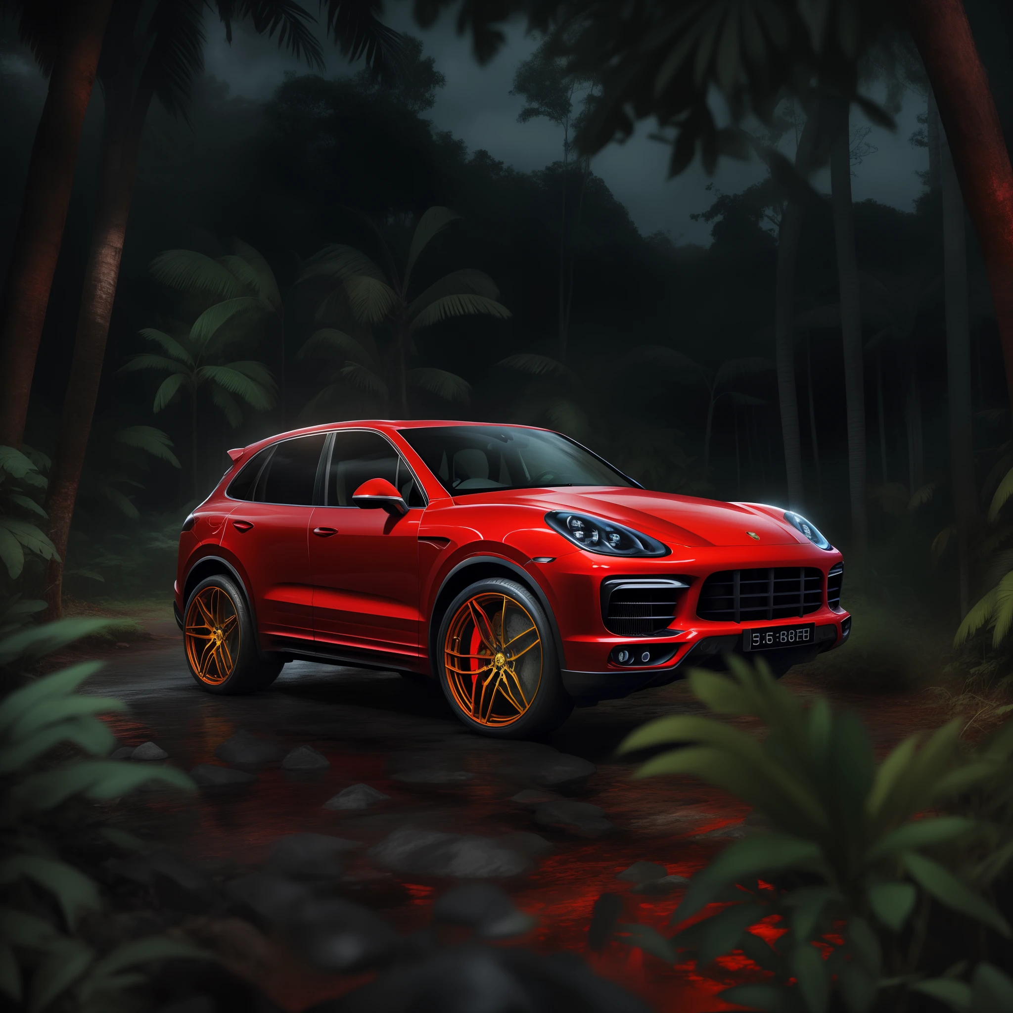 A cinematic photorealistic color digital drawing of Bright Red Porsche Cayenne at night in the Borneo Tropical Jungle, extreme modified and styled by Kahn Design, insanely detailed and intricate, crisp sharp and clear, volumetric lighting, ultra-high resolution, masterpiece hyper realistic artwork Frank Bellamy, centered, Professional color grading by Kenneth Hines Jr.