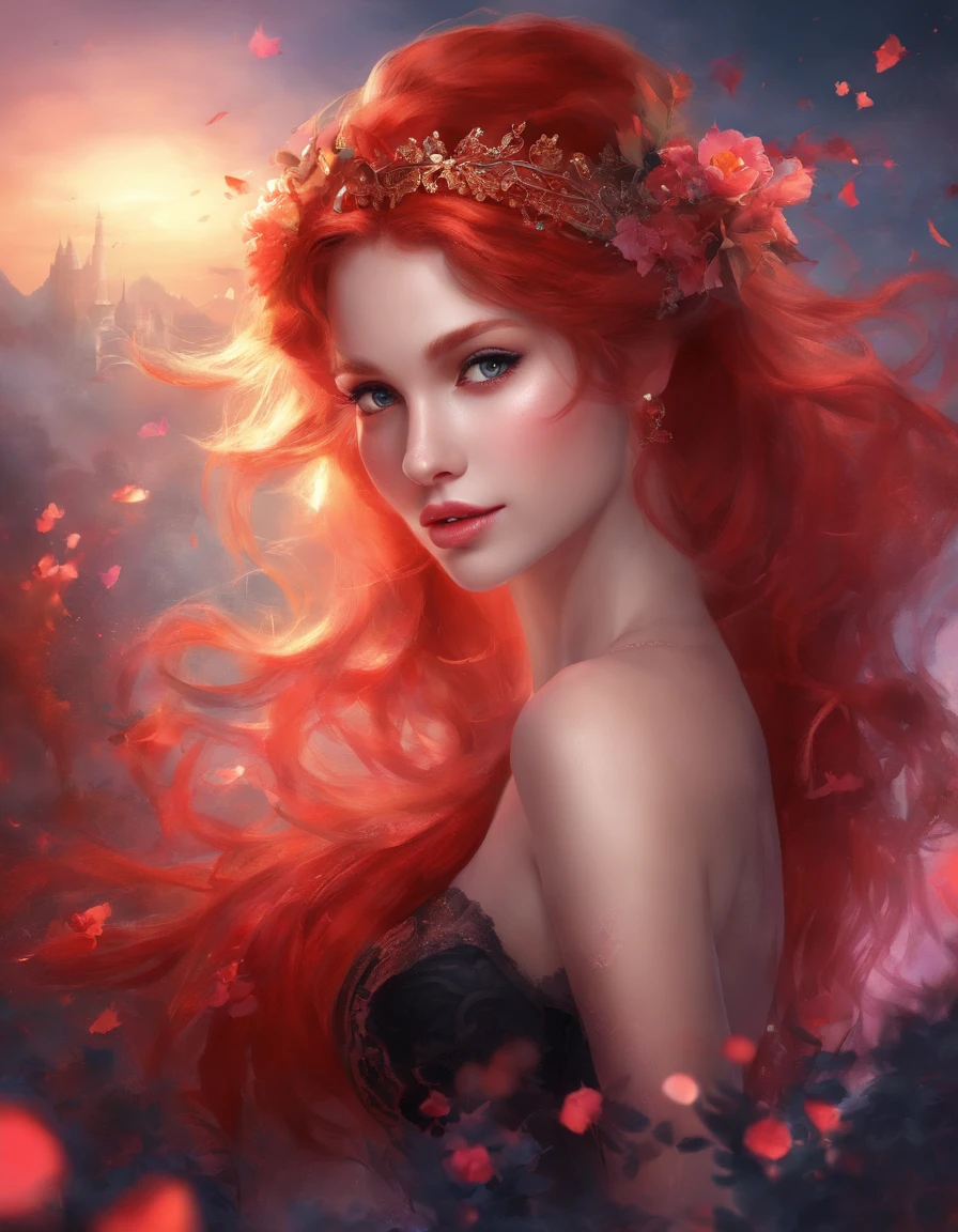 redhead,sexy black lingerie,stockings,bedroom,beautiful detailed eyes,beautiful detailed lips,extremely detailed eyes and face,longeyelashes,(best quality,4k,8k,highres,masterpiece:1.2),ultra-detailed,(realistic,photorealistic,photo-realistic:1.37),studio lighting,physically-based rendering,professional,vivid colors,portraits,red and black color scheme,soft lighting