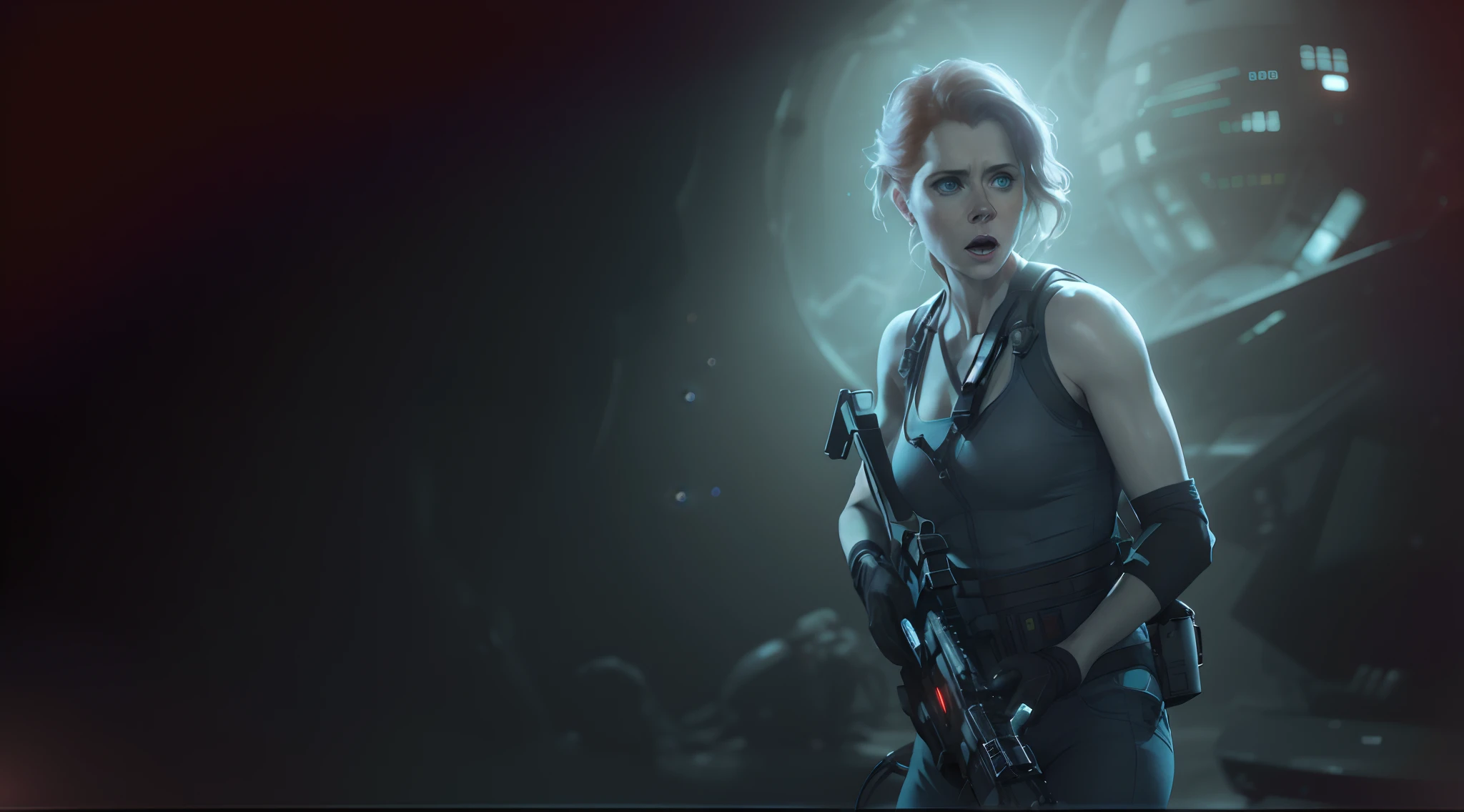Hot terrified Sci fi Amy Adams on Ishimura Horror Space Ship photography, natural light, photorealism, cinematic rendering, ray tracing, the highest quality, the highest detail, Cinematic, Third-Person View, Blur Effect, Long Exposure, 8K, Ultra-HD, Natural Lighting, Moody Lighting, Cinematic Lighting