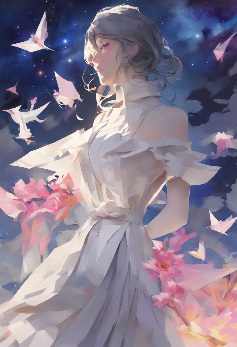 up close shot, Anime girl wearing white glass , Stand on the land,Night view ,Lots of stars in the night sky,milkyway ,Colorful flowers,Close-up of a headshot, Oil painting style, Very obvious oil painting strokes, impressionist palette style, 32K UHD, Beautiful, booru, old time, Color Cartoon - AR 3:4 --