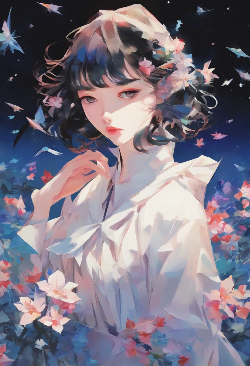 up close shot, Anime girl wearing white glass , Stand on the land,Night view ,Lots of stars in the night sky,milkyway ,Colorful flowers,Close-up of a headshot, Oil painting style, Very obvious oil painting strokes, impressionist palette style, 32K UHD, Beautiful, booru, old time, Color Cartoon - AR 3:4 --
