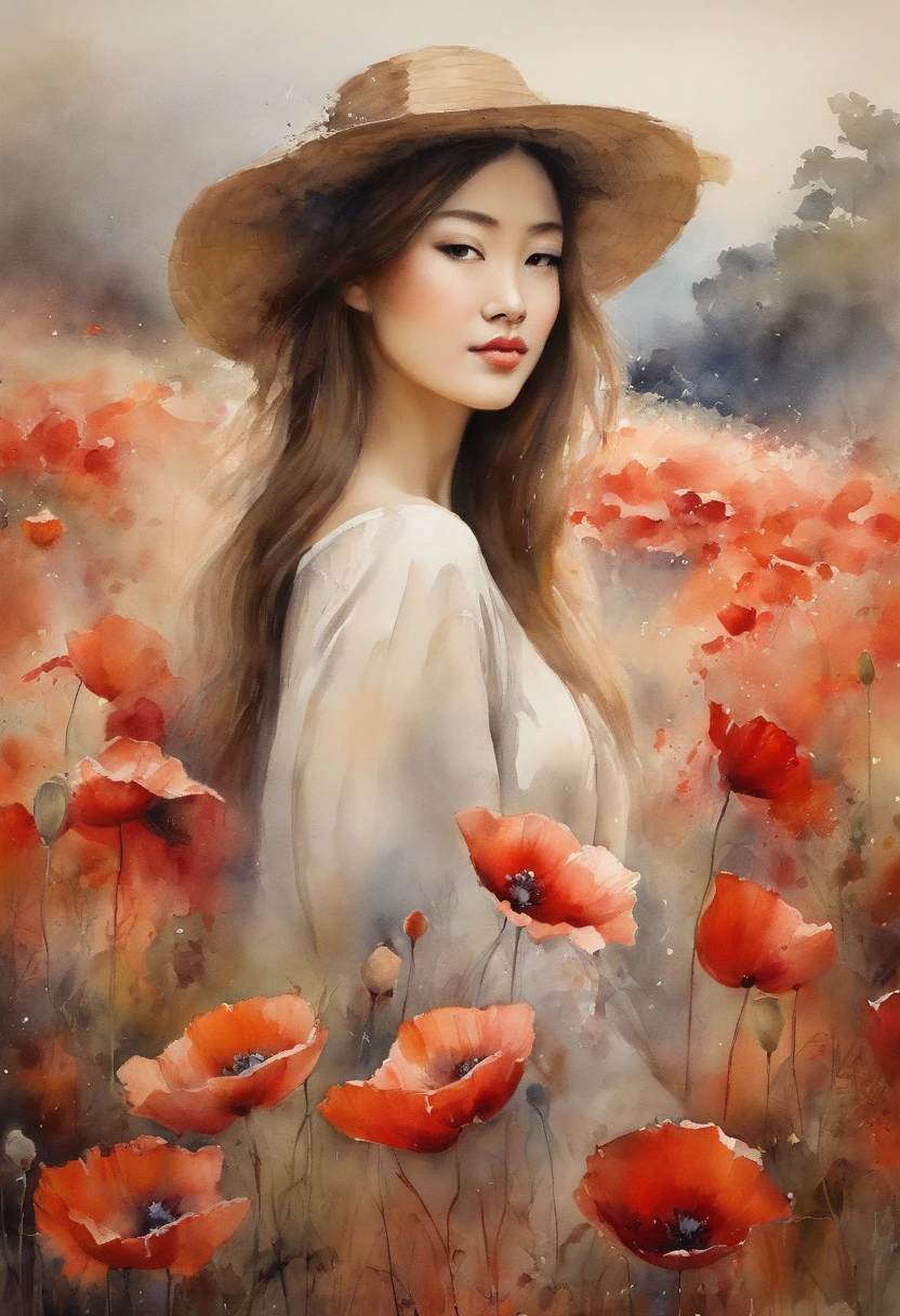 Japanese girl in poppy field, (((nude))). masterpiece.