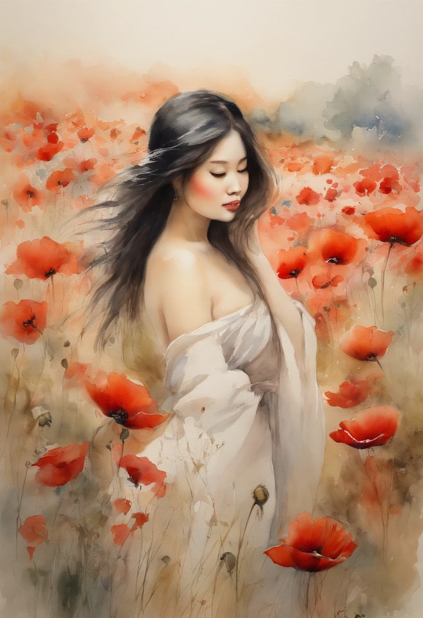 Japanese girl in poppy field, (((nude))). masterpiece.