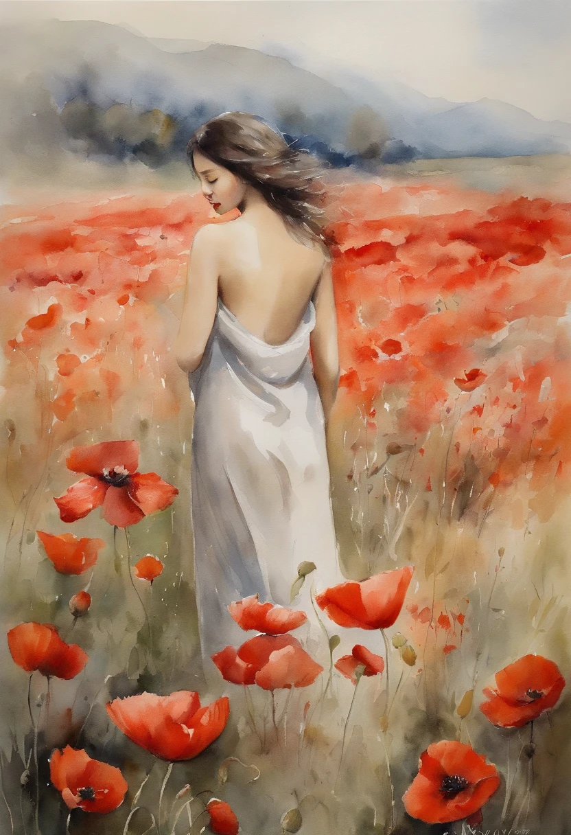 Japanese girl in poppy field, (((nude))). masterpiece.