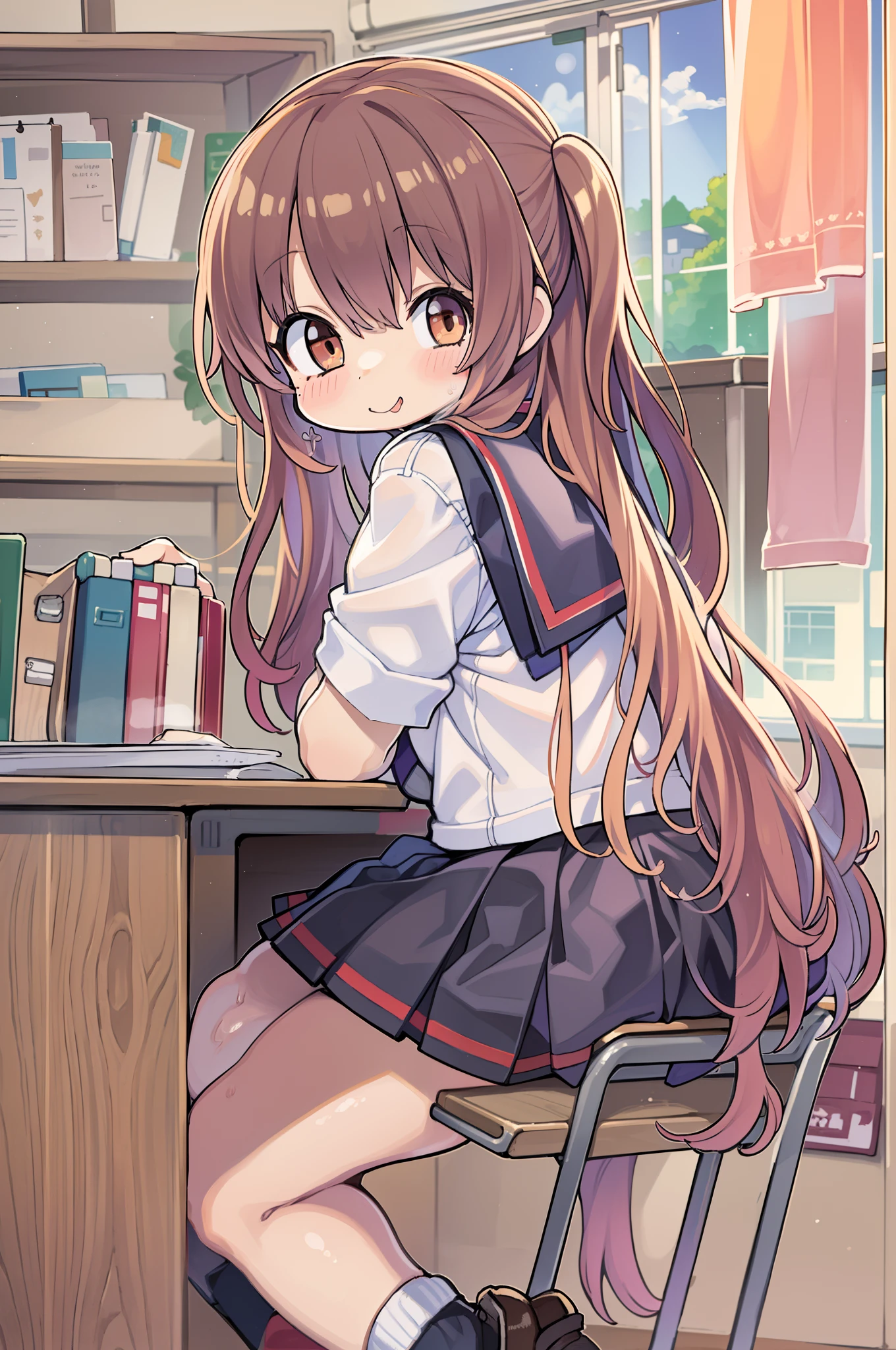 ((masutepiece, Best Quality)),Best aesthetic,1girl in, School uniform, desk work, Sitting, School Desk, Brown hair, crass room, Long hair, Indoors, Chair, Looking at Viewer, :P, Solo Focus, Brown eyes, Skirt, Long sleeves, Pencil, 1 boy, pencil case, paper, black serafuku, Multiple girls, Pleated skirt, Sailor collar, Bangs, head rest, School bag, school chair,huge-breasted、bbw、thick thight、big butts