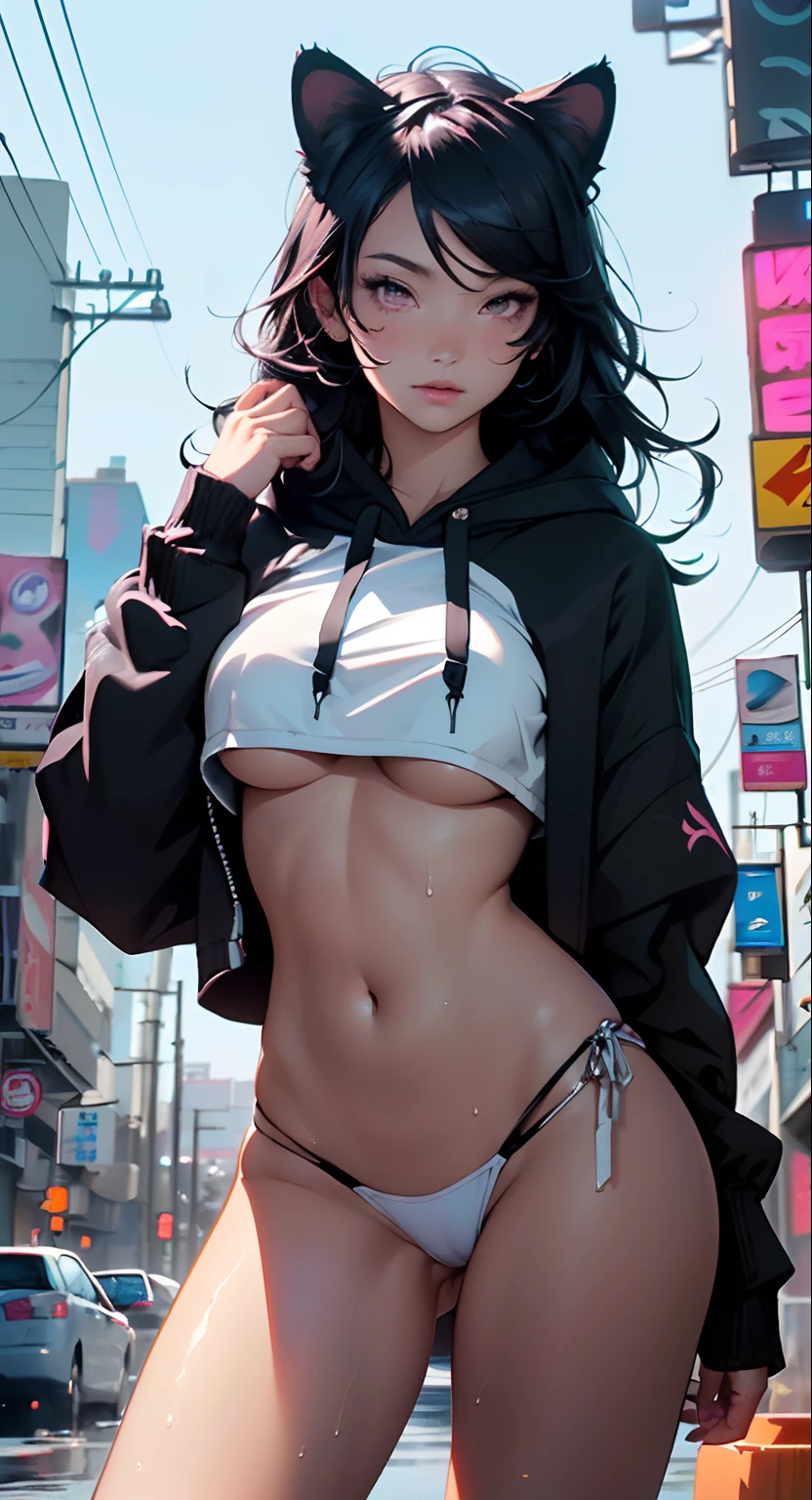 girl spacepunk,(((1girl))),((beautiful girl with bright and luminous cat ears)),
(large breasts:1.4),saggy breasts,((black hair,black messy hair,colored inner hair,large hair,absurdly long unkempt hair:1.35,long black hair,ear breathing)),((((cat ears,cat ears on head,big cat ears)))),(((pink eyes:1.3intricate eyes,beautiful detailed eyes,neon color eyes:1.5,glowing eyes,symmetrical eyes))),((fat)),(((lustrous skin:1.5,bright skin: 1.5,skin tanned,shiny skin,very shiny skin,shiny body,plastic glitter skin,exaggerated shiny skin,illuminated skin,wet legs))),(spider lower abdomen,narrow waist,wide hip,athletic body,inflated legs,delicate detailed fingers,detailed body,human hands,(detailed face)),
cute,slutty,seductive,erotic,(((nsfw))),
(graffiti art in clothes),zettai ryouiki,revealing clothing,show skin,(((underboob))),(cleavage),(semi-naked,with little clothing,((tiny thong)),bare legs,visible thong straps),((((crop top hoodie,cropped hoodie,hoodie,hoodie intricate)))),((wet clothes,intricate outfit,intricate clothes)),
(dynamic pose:1.0),solo focus,embarrassed,(centered,scale to fit dimensions,Rule of thirds),
cyberpunk city by the ocean at night, with bright neon signs and dark stormy clouds and puddles,
highres, sharp focus, (ultra detailed, extremely detailed), (photorealistic artwork:1.37),(extremely detailed CG unity 8k wallpaper),((synthwave background theme)),(((vibrant colors))),(intricate),(masterpiece),(best quality),synthwave neon colors,